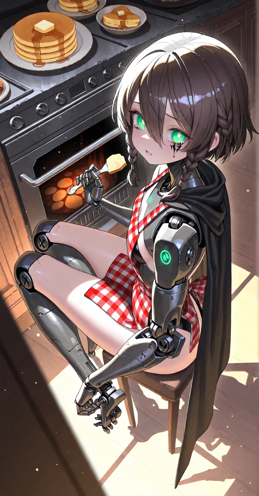 (artist:Quasar Cakes:1.1),(artist:reoen:0.826446),(artist:rhasta:0.9),(artist:Urop:0.7),( \(kei\):0.6),  blurry foreground,ray tracing,very high resolution,  1girl,solo,pancake,Pound cake,womanhood,  (Exoskeleton, Mechanical Arm, mechanical foot, mechanical body, android, robot girl:1.2), medium short hair, dark brown hair holding a sword at the top, hair between eyes, long bangs, Braided Side Locks, green eyes, bright student, Glowing pupils , (black tears tattoo:1.1),  No expression,parted lip,  glossy skin,medium chest,thighs,foot,  black and white assassin attributes, plaid apron, Food, brown Food, cape, standing in front of camera, black short, thighsストラップ, thighsブーツ,   Medieval World,Medieval architecture ,My Kitchen,Daytime,close-up from above, 
 sitting,,open foot,foot on level,Beautiful shadow sitting on,  detailed eyes,BEAUTIFUL LIGHTING,IN THE KITCHEN AT HOME,Beautiful Shadows Standing in Front of Oven,  perfect anatomy at the shrine in the evening,Perfect Bodies,mature body,  From the side and from above,  dark atmosphere,Aura of Darkness,Magical Aura,Particles of Light,Dusty Air,  
,masterpiece,best quality,great quality,  