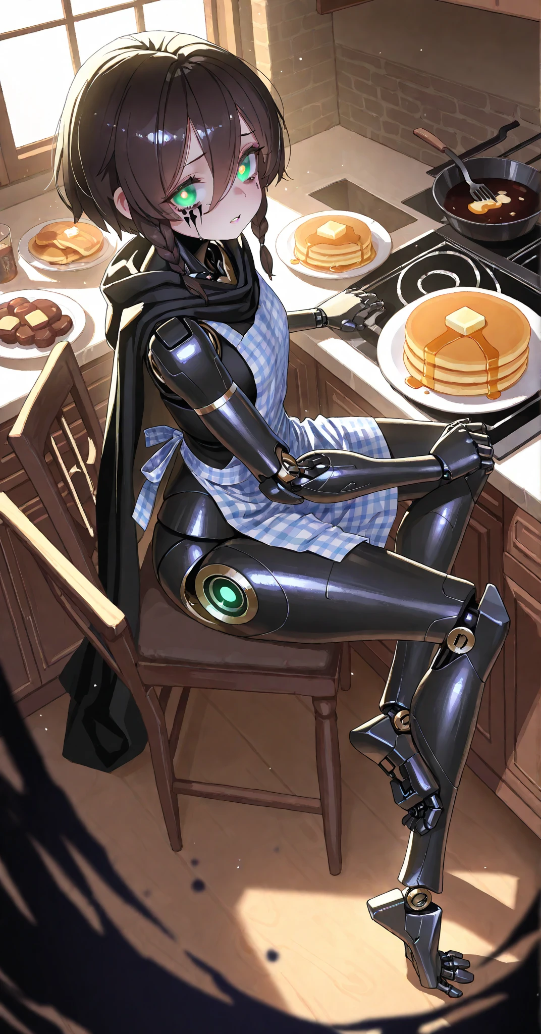 (artist:Quasar Cakes:1.1),(artist:reoen:0.826446),(artist:rhasta:0.9),(artist:Urop:0.7),( \(kei\):0.6),  blurry foreground,ray tracing,very high resolution,  1girl,solo,pancake,Pound cake,womanhood,  (Exoskeleton, Mechanical Arm, mechanical foot, mechanical body, android, robot girl:1.2), medium short hair, dark brown hair holding a sword at the top, hair between eyes, long bangs, Braided Side Locks, green eyes, bright student, Glowing pupils , (black tears tattoo:1.1),  No expression,parted lip,  glossy skin,medium chest,thighs,foot,  black and white assassin attributes, plaid apron, Food, brown Food, cape, standing in front of camera, black short, thighsストラップ, thighsブーツ,   Medieval World,Medieval architecture ,My Kitchen,Daytime,close-up from above, 
 sitting,,open foot,foot on level,Beautiful shadow sitting on,  detailed eyes,BEAUTIFUL LIGHTING,IN THE KITCHEN AT HOME,Beautiful Shadows Standing in Front of Oven,  perfect anatomy at the shrine in the evening,Perfect Bodies,mature body,  From the side and from above,  dark atmosphere,Aura of Darkness,Magical Aura,Particles of Light,Dusty Air,  
,masterpiece,best quality,great quality,  