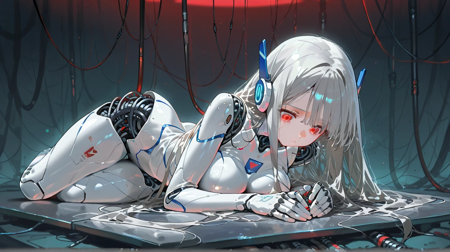 (((masterpiece))), (((Highest quality))), ((Very detailedな)), (Detailed CG illustrations), ((Very delicate and beautiful)),Cinematic Light,((One mechanical woman)), alone,mature,(Big and ample breasts),(Plump), (((The crotch is open))),((Thighs)),((Sitting)),whole body, (Machine made joints:1.4),((Mechanically cut muscle blood vessels connected to tubes),((Mechanical cervical spine attached to the neck)),(Wires and cables connected to the head and torso:1.5),short hair,(Character Focus),sf, ,((Very detailed,colorful)),Best details