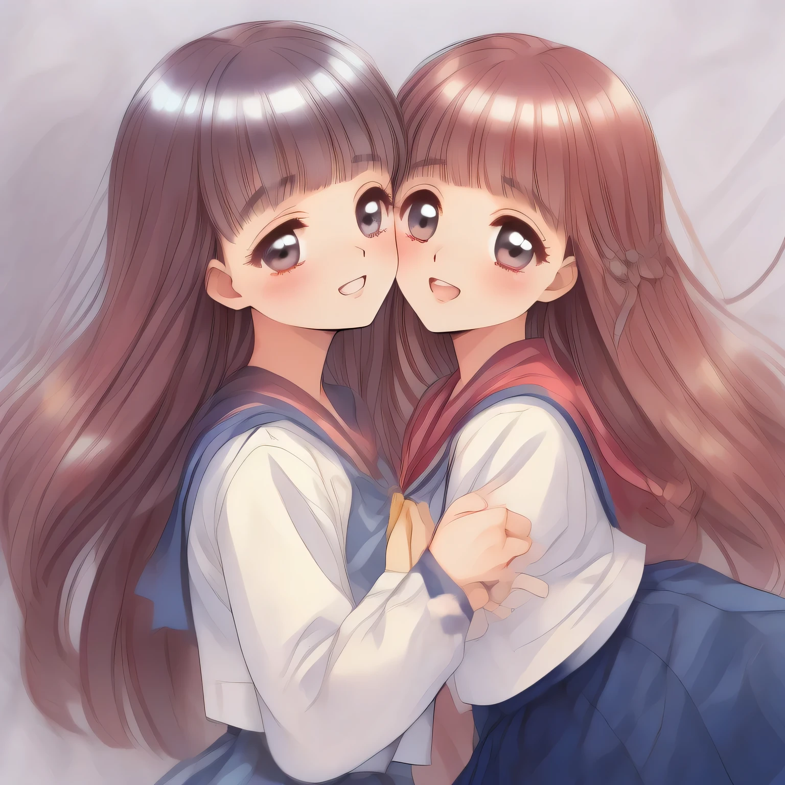 (highest quality, masterpiece:1.5), highest quality, High resolution, 1080p, 8K, (Too beautiful, neatest ((beautifully grown and Evolved with grace)) Tomoyo Daidoji and Mai Sakuragi, Girl's love-story comic heroine, ((Too much beloved)) noble grown beautiful beautiful lady with detailed, The daily vibrant journey to a prim-and-proper ladies' college, Demure atmosphere, controlling my mind and heart by her charm and uniform and skirt, telling me sweetest hypnotizing words, understands my deep hidden desire very well with her profound intelligence, giving too much pleasure to my sensitive one: 1.4), (laughing white face with unreal angelic beauty, overflowing with translucence: 1.0), (Pristine uniform, (Neatest (navy colored) sailor-style uniform and ((navy middle length plaid skirt)), navy collar, shiny-blue sailor scarf: 1.8)), (Too beautiful dreamy eyes and neatness charm me), (Giggling cohort background with many white lovely marks, clearly detailed foreground: 1.9), ((purity and neatness is very impressing): 1.8), (focus on her long hair and neat style, from side: 1.9), (Beautiful blue eyes), (shiny pink super-long wavy hair, braids-half-up), (golden ear accessories and pendant), (Diamond rings)