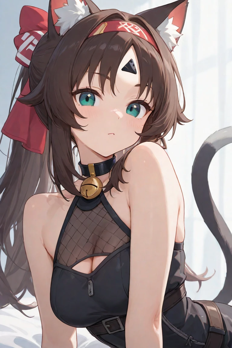 anime artwork, score_9, score_8_up, score_7_up, score_6_up, score_5_up, score_4_up, hu tao, she is 24 years old, style_3, gray background, , , , , _, fake cat ears,, smile, solo, cat lingerie, paw gloves,one disembodied hand on her head, headpat , nervous sweating , motion lines, on knees, cat tail, cat stockings