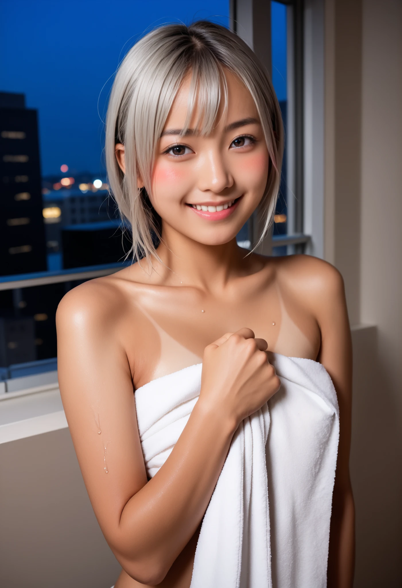((masterpiece)), ((best quality)), (ultra-detailed), look up from below, on the bed, a cute girl, 1girl, solo, Micro Bikini 00, ((beautiful eyes)), smile, beautiful silver hair