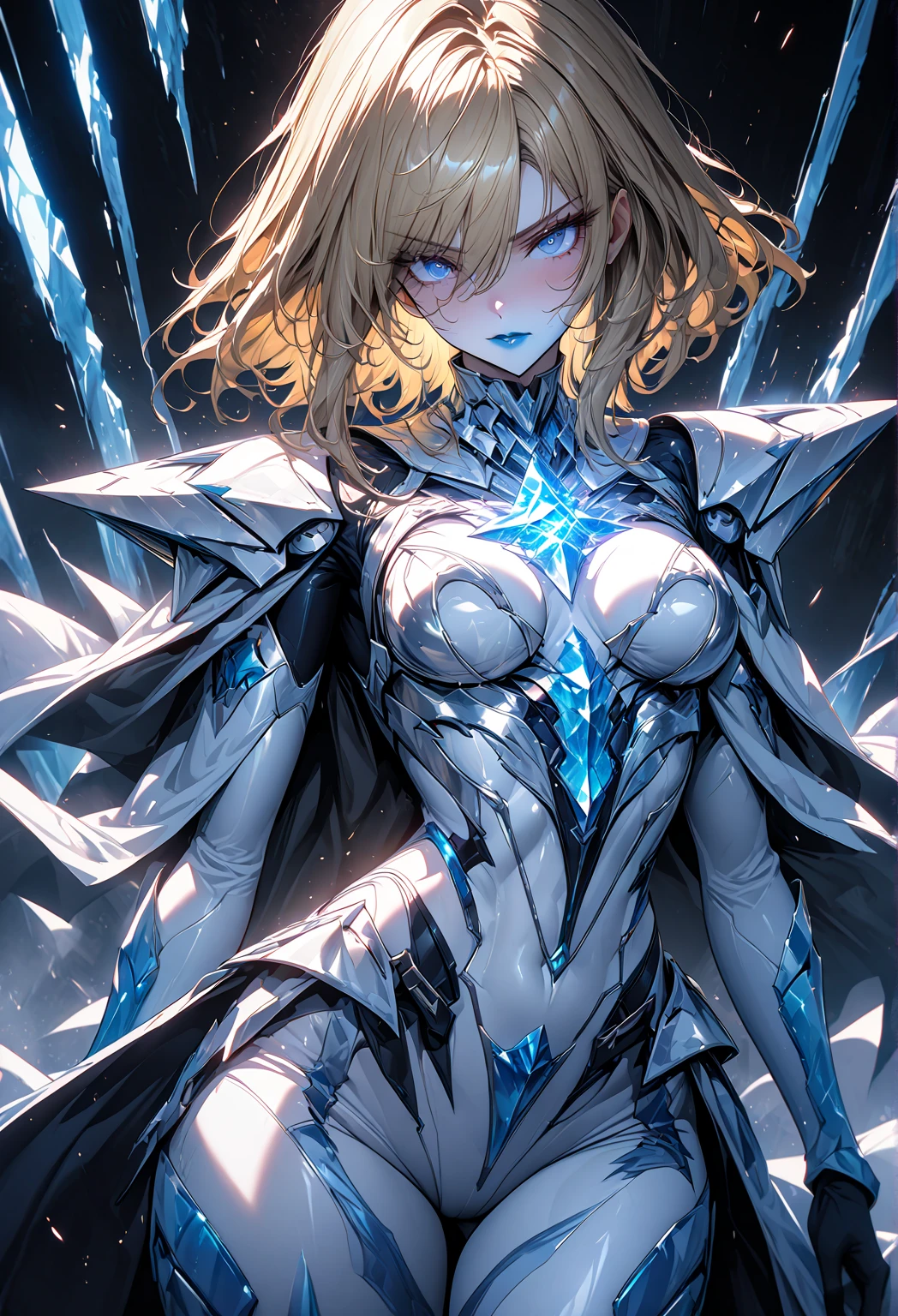 (masterpiece, best quality), 1lady, solo, masterpiece, blonde hair, blue eyes, artstation, dynamic, charming, magical, unreal engine, fantastically beautiful, illustration, dramatic lighting, rave background, neon glow, maximalist