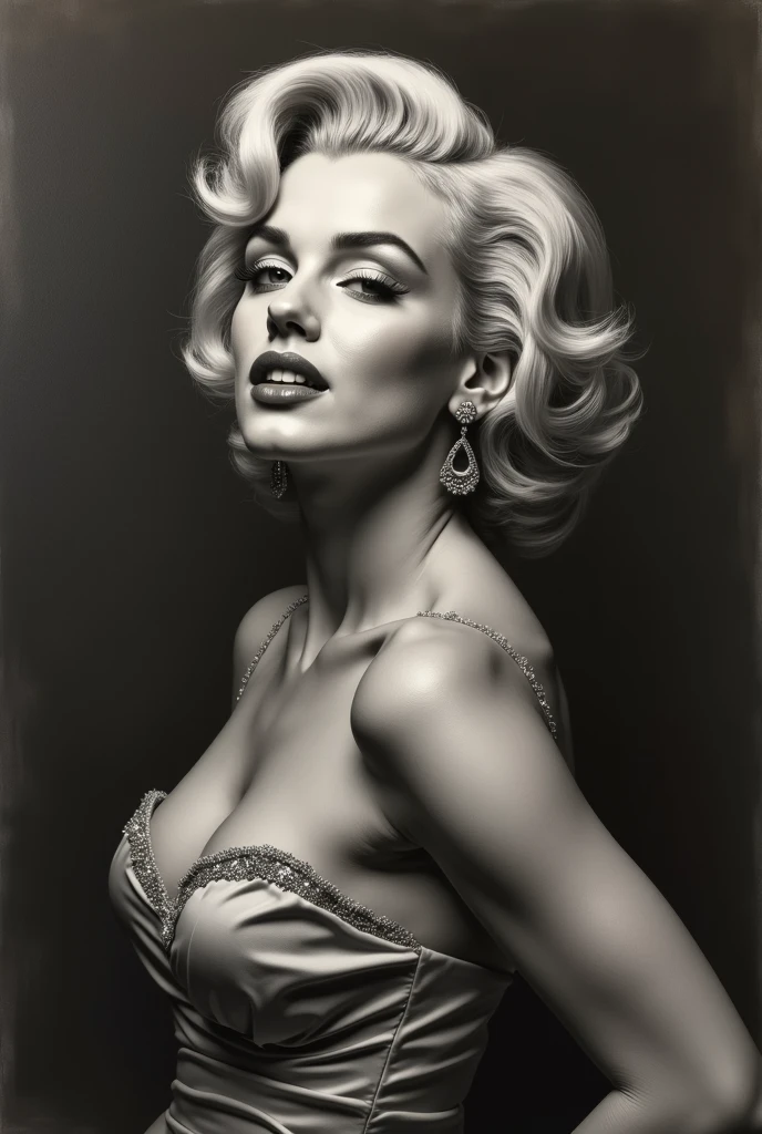 A charcoal drawing of Marilyn Monroe, evoking her timeless beauty and seductive allure, with expressive, full lips and captivating, expressive eyes. The drawing is a masterpiece, a full body portrait, meticulously crafted in the style of Andrew Loomis and Norman Rockwell, reminiscent of old master drawings and prints. The focus is on her detailed face, with ultra-realistic and perfectly proportioned features, providing a profound connection between the subject and the viewer. The charcoal sketch is rich in contrast and texture, showcasing every curve and detail in high definition, making it a true work of art. (8K UHD, 2