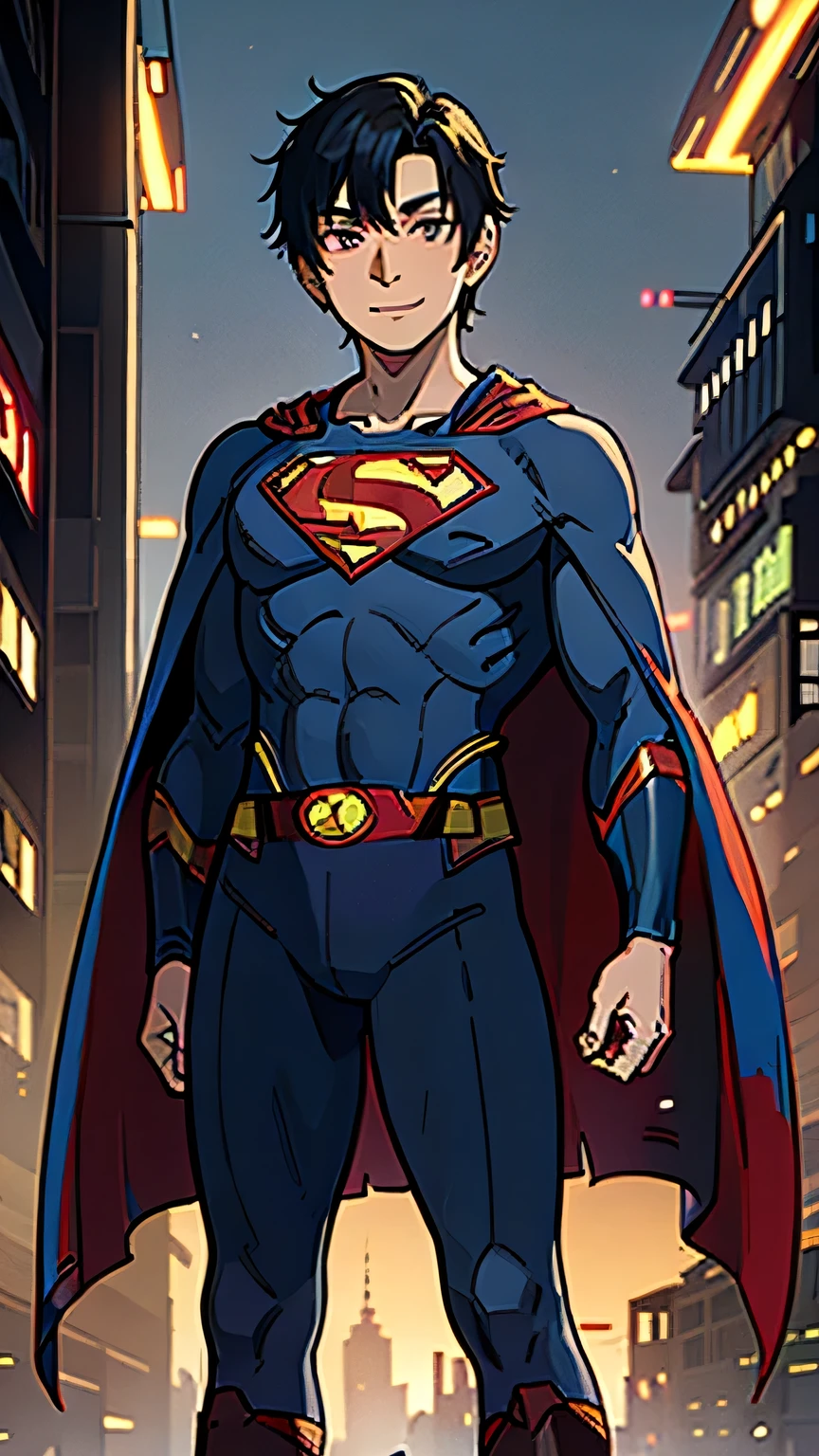 best quality,masterpiece,1boy,solo,(((ears old))),japanese boy,an extremely cute and handsome boy,highly detailed beautiful face and eyes,petit,cute face,lovely face, face,shy smile,show teeth, Black hair,Short hair,flat chest,skinny,slender,(((wearing a Superman costume,red cape))),(((standing in Dark Midnight Neon Glow light Cyberpunk metropolis city))),he is looking at the viewer, +18