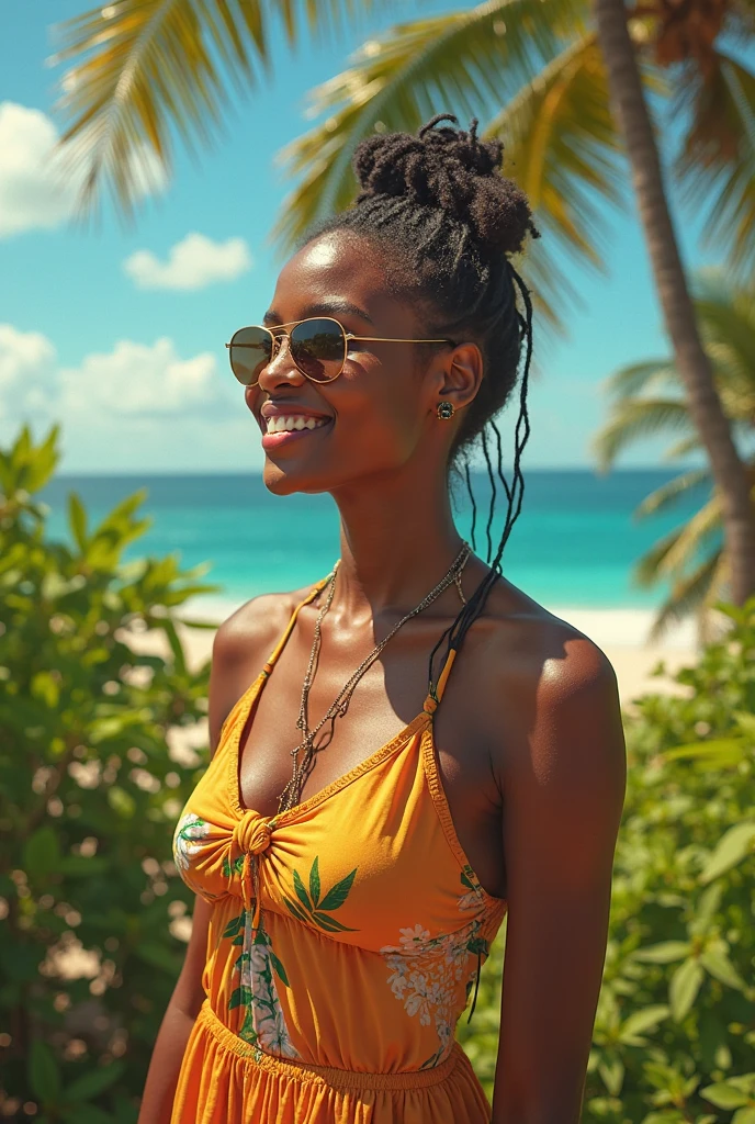 22-year-old woman, dark brown curly hair, brown skin color, dark brown eyes, smiling, wearing yellow swimsuit, beach hat, sunglasses, on the beach in the afternoon, model pose, Brazilian-Cornish, 8k, detailed eyes, detailed mouth, detailed teeth