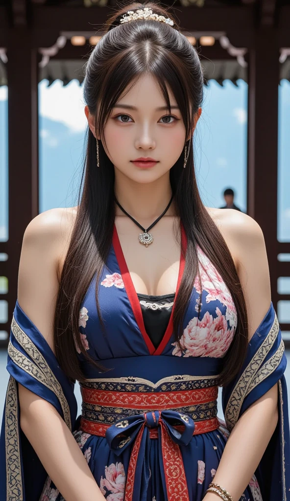 Ancient Chinese architecture,National style beautiful girl,Wear revealing Hanfu,Simple clothing, Minimalist style,Mixed Chinese and American races,The background is blurred out,focal,电影灯光,(((tmasterpiece))), ((best qualtiy)), ((Complex and detailed)), ((ultra-realistic realism)), Ridiculous resolution, A MILF, Mature woman, ssee-through, highly detailed, illustratio, 1girll, (mediuml breasts), Thin waist and thick hips,long leges,beatiful detailed eyes, short detailed hair, brunette color hair, a purple eye, blackstockings,lacy clothing,Skirt that wraps hips,tightsuit,with faintly visible,Cool clothing,The body proportions are perfect,(No underwear:1.2),detailed back ground, perfect eyes, Seductive eye, (nice hand),Detail hands,looking at viewert,From the front,Wear light,juicy legs,deep v big breasts,