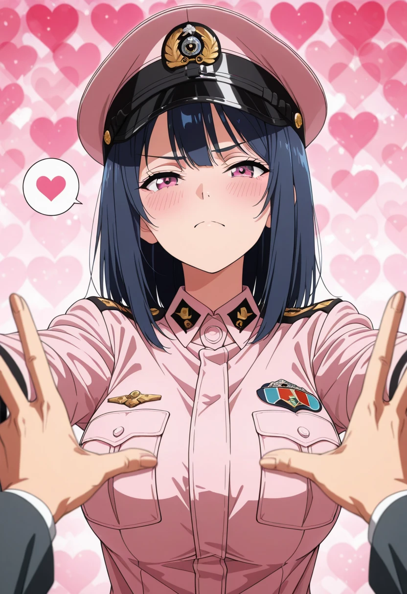 (masterpiece),(best quality),(high resolution), (beautiful detailed eyes) , 
super fine illustration, anime screencap, anime coloring, anime style,
(base camp),looking at viewer, POV,
1girl,middle hair ,dark blue hair,
 (very ), laughing:1.5, outstretched arms,blush,
(female military officer uniform, formal jacket, peaked cap, badges, serious and dignified posture),
day, (spoken heart, heart background), pink theme,
anatomically perfect, beautifully detailed face, normal fingers, masterpiece, best quality, 