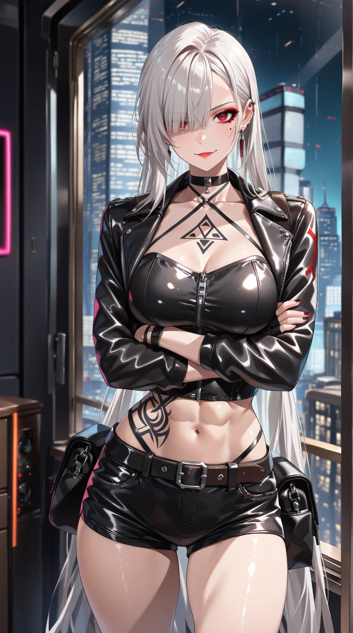 Best Quality, 8k, High resolution, high quality, masterpiece, Beautiful, (Anatomically correct:1.2), A beautiful woman, 20th Generation, Silky gray hair, Straight Long, long bangs that hide one eye, Red eyes, Beautiful Skin, Tall and toned body, pointy big breasts, Extreme black and red micro bikini, (Black hot pants), Black Leather Jacket, valley, , sexy, night,