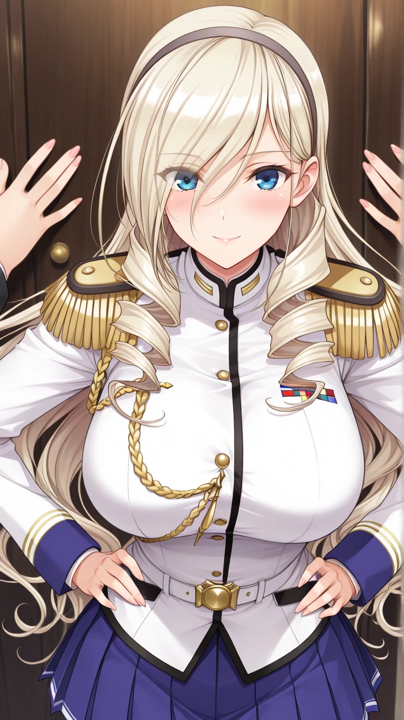 masterpiece, best quality, highres, long hair, 1girl, solo, bismarck, a woman wearing black BMR, medal on left shoulder, military_hat, white glove, sexy pose, blush, little smile, bangs, hair_between_eyes, blue eyes,