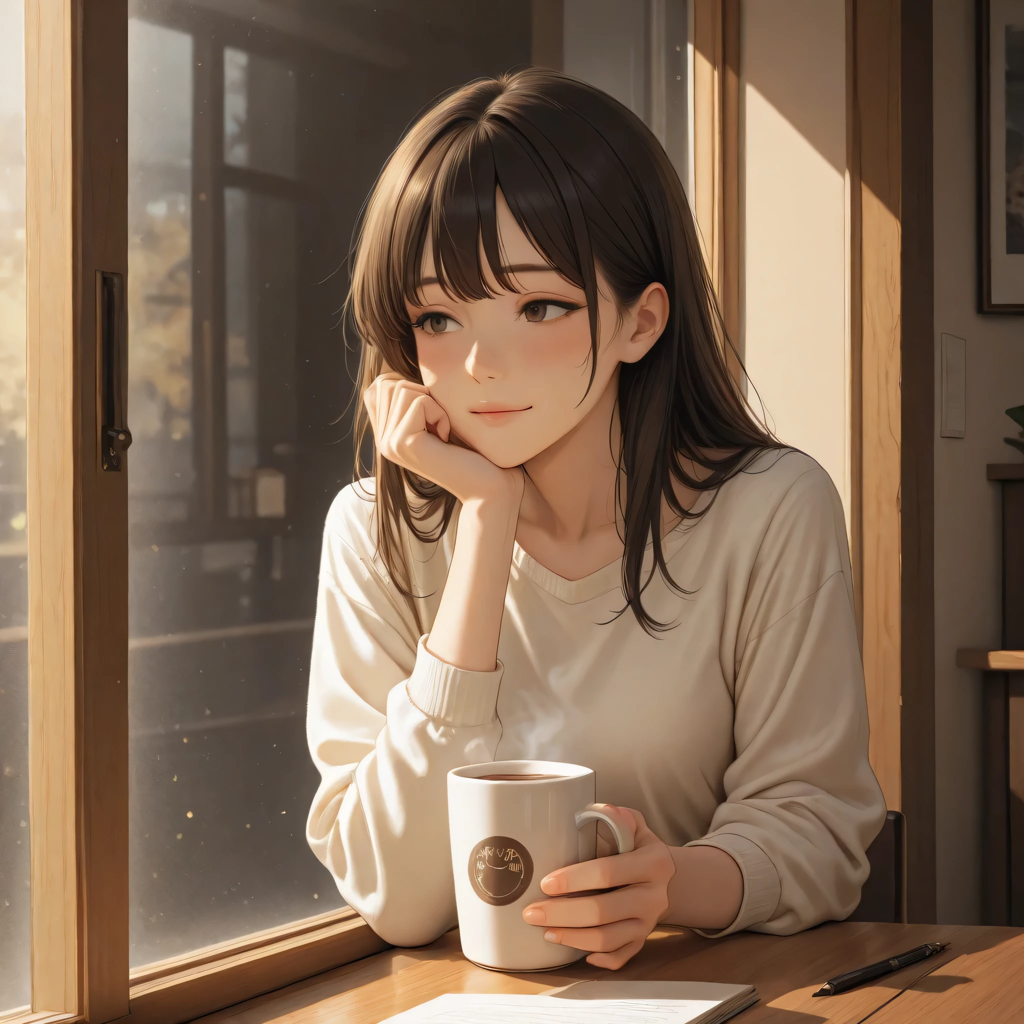 A quiet corner of a cozy café in soft afternoon light. A young woman sits alone at a wooden table by the window, holding a warm cup of coffee in both hands. Her expression is thoughtful, but there’s a hint of a gentle smile returning. Outside, warm light glows through the glass, and the atmosphere is calm and hopeful. A journal and pen rest on the table, suggesting reflection and healing. The mood is peaceful, introspective, and slowly uplifting — perfect for a chill jazz track that brings quiet strength to weary hearts.