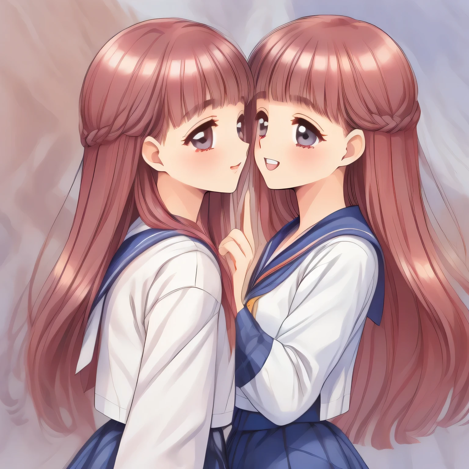 (highest quality, masterpiece:1.5), highest quality, High resolution, 1080p, 8K, (Too beautiful, neatest ((beautifully grown and Evolved with grace)) Tomoyo Daidoji and Mai Sakuragi, Girl's love-story comic heroine, ((Too much beloved)) noble grown beautiful beautiful lady with detailed, 165cm height, The daily vibrant journey to a prim-and-proper ladies' college, Demure atmosphere, controlling my mind and heart by her charm and uniform and skirt, telling me sweetest hypnotizing words, understands my deep hidden desire very well with her profound intelligence, giving too much pleasure to my sensitive one with beautiful hands and fingers: 1.4), (laughing white face with unreal angelic beauty, overflowing with translucence: 1.0), (Pristine uniform, (Neatest (navy colored) sailor-style uniform and ((navy middle length plaid skirt)), navy collar, shiny-blue sailor scarf: 1.8)), (Too beautiful dreamy eyes and neatness charm me), (Giggling cohort background with many white lovely marks, clearly detailed foreground: 1.9), ((purity and neatness is very impressing): 1.8), (focus on her long hair and neat style, from side: 1.9), (Beautiful blue eyes), (shiny pink super-long wavy hair, braids-half-up), (golden ear accessories and pendant), (Diamond rings)