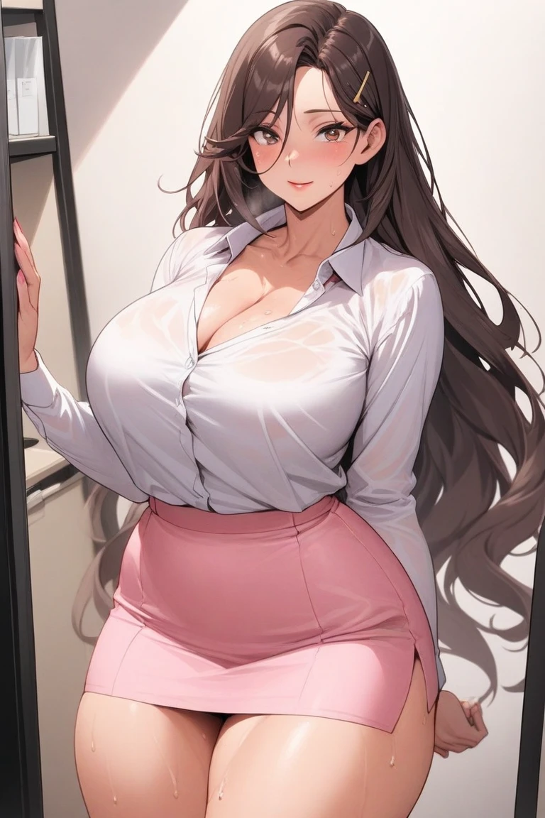 absurdres, high res, ultrasharp, 8K, masterpiece, 1girl, long hair, sensual look, sultry smile, dark brown hair, curvy huge breasts, glasses, secretary outfit, big , sleeveless buttoned-up pink blouse, formal look, beige
Long skirt, see through, no sleeves or cuffs on pink blouse, standing up straight