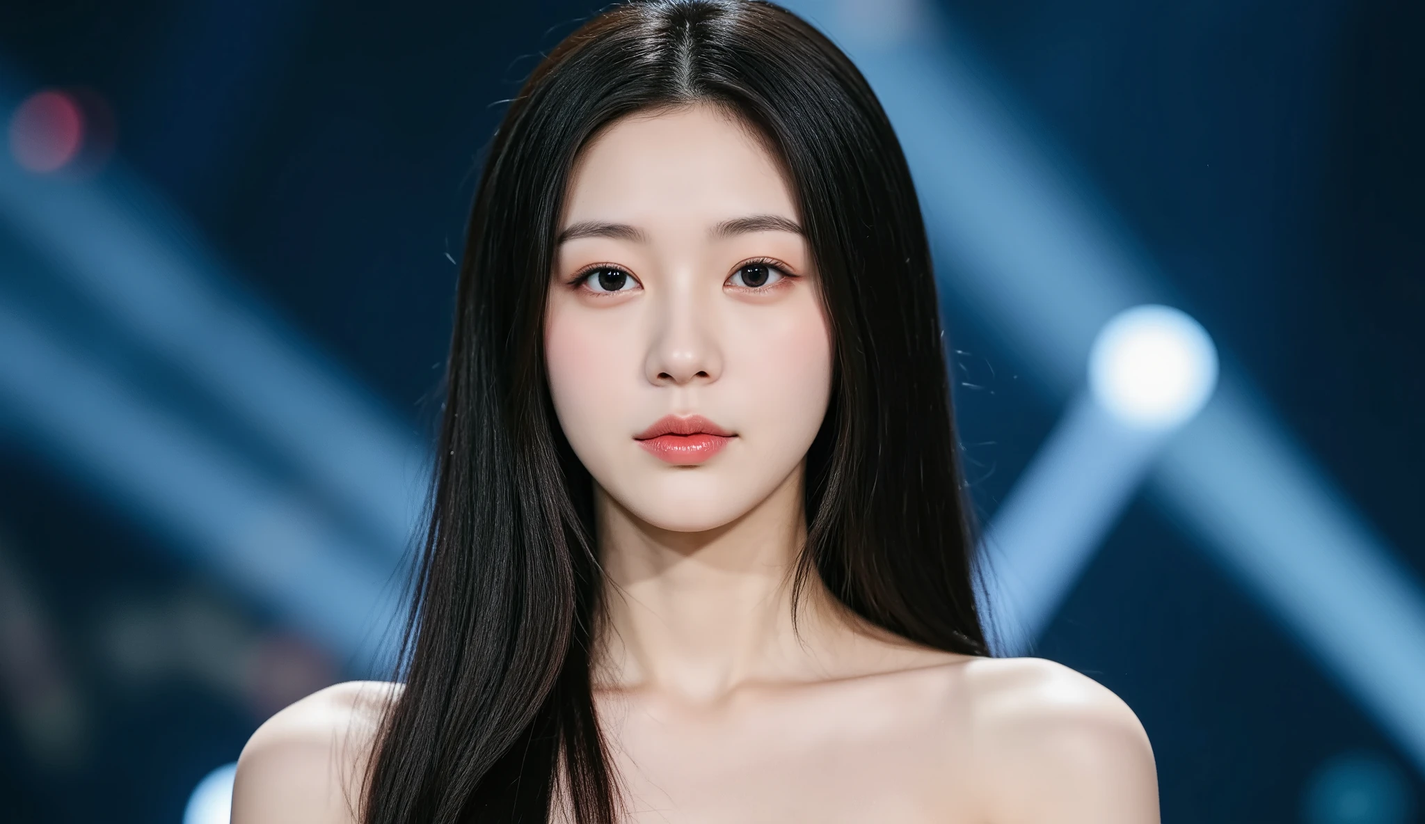 a shoulder-up candid photo of a 20-year-old Korean woman on a real concert stage, photographed with a DSLR, natural lighting, detailed skin texture, soft background blur, minimal or stage makeup, unique facial features, ultra photorealistic, not digital art, not illustration