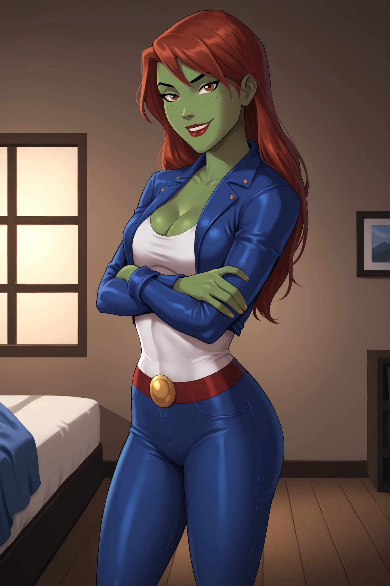 PonyXLV6_Scores BREAK (perfect anatomy, perfect eyes), BREAK mgann morzz, long hair, red hair, colored skin, green skin, freckles, brown eyes, makeup, red lipstick, ((looking at viewer)), superhero, blue leather jacket, white tank top, blue leather pants, long sleeves, curvy, athletic, cleavage, smiling, bedroom eyes, seductive expression, indoors, bedroom, standing, closeup, portrait, arms crossed, crossed arms