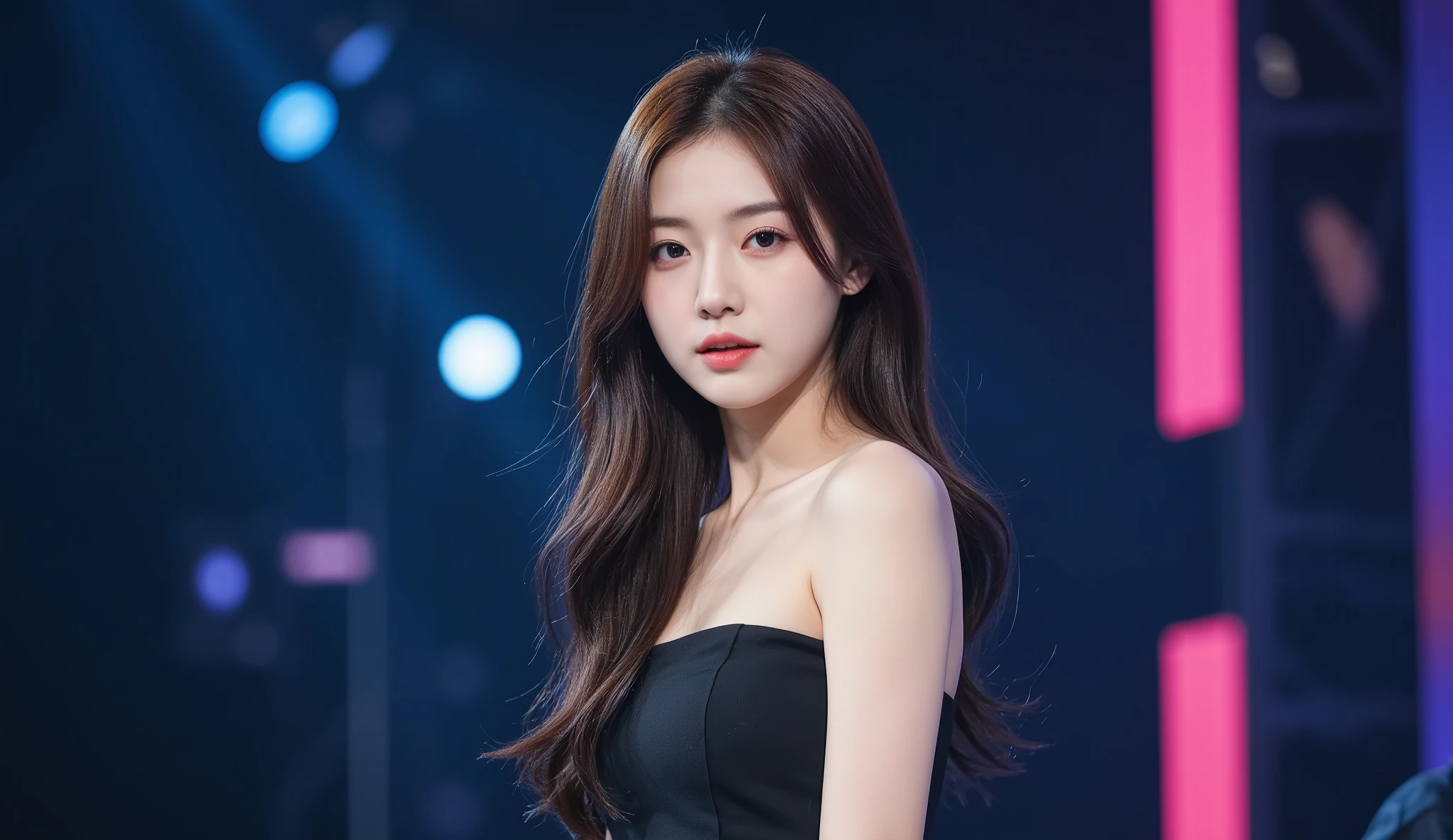 a shoulder-up candid photo of a 20-year-old Korean woman on a real concert stage, photographed with a DSLR, natural lighting, detailed skin texture, soft background blur, minimal or stage makeup, unique facial features, ultra photorealistic, not digital art, not illustration