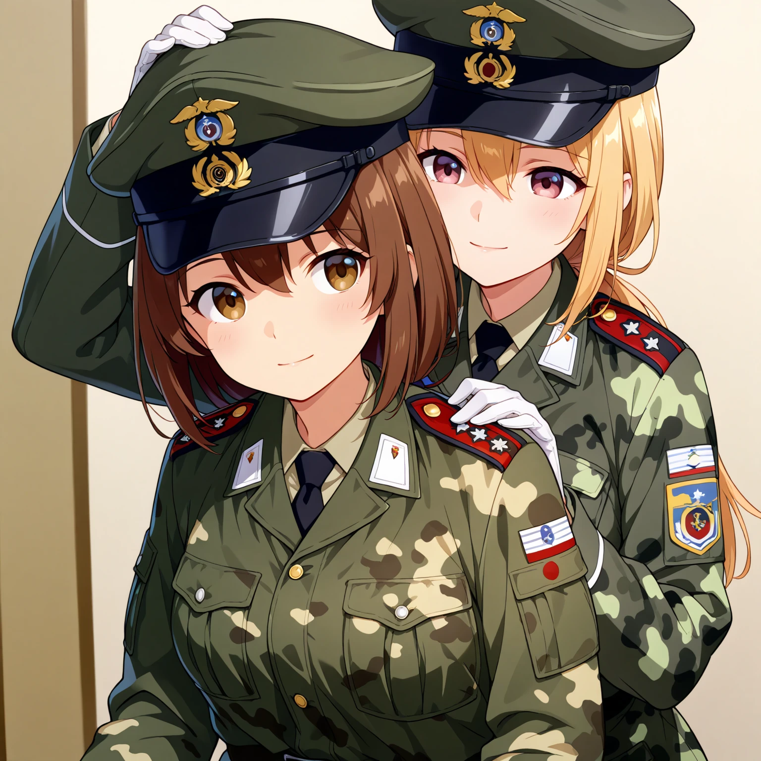 (2girl),Super detailed、bare breasts,Army clothing,smile,bare breast,big breast,huge breast,