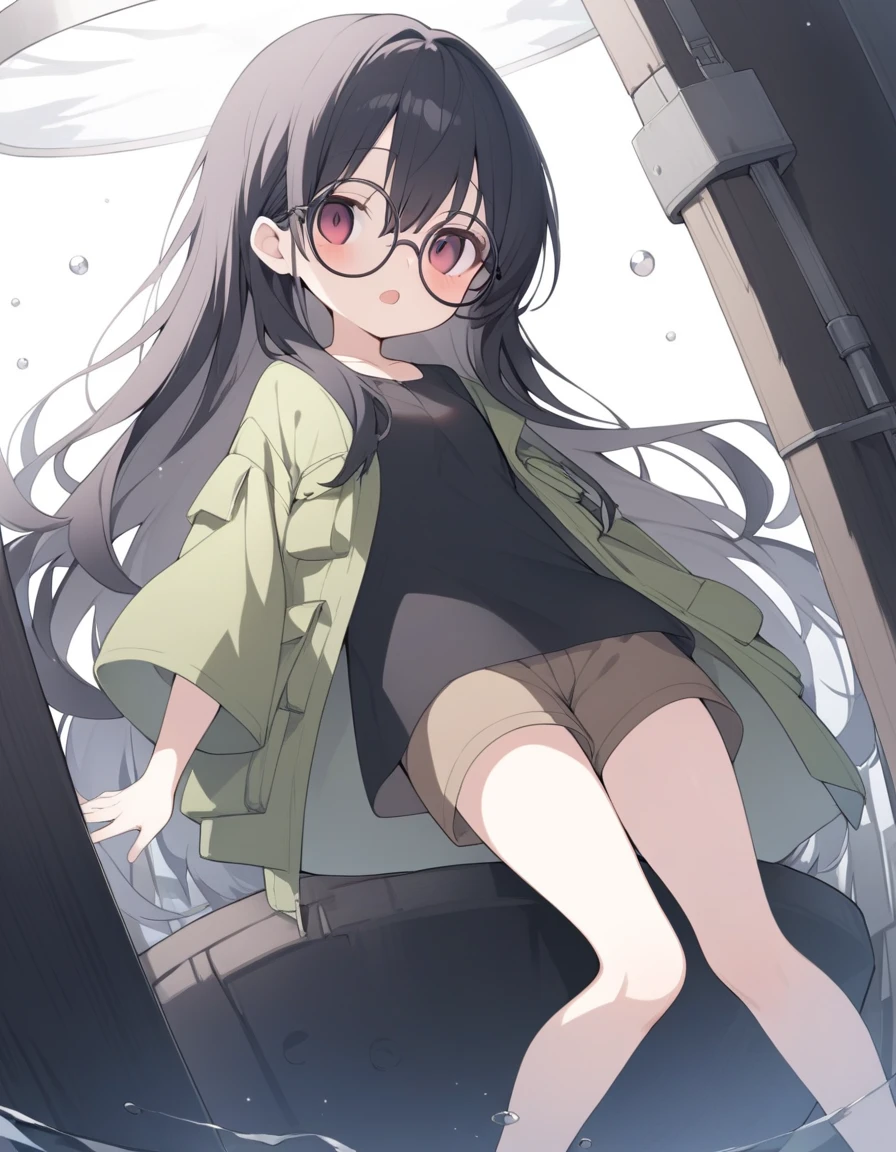 One Girl、 girl、Best Quality、(Wooden floor)、Long black hair、Beautiful thighs、Gym suit、Beautiful background