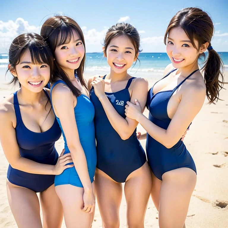 RAW Photos, Highest quality, High resolution, Very detailed、 8K image quality,、One piece swimsuit、group of 5 friends、Beautiful beach、Japanese、Idols、