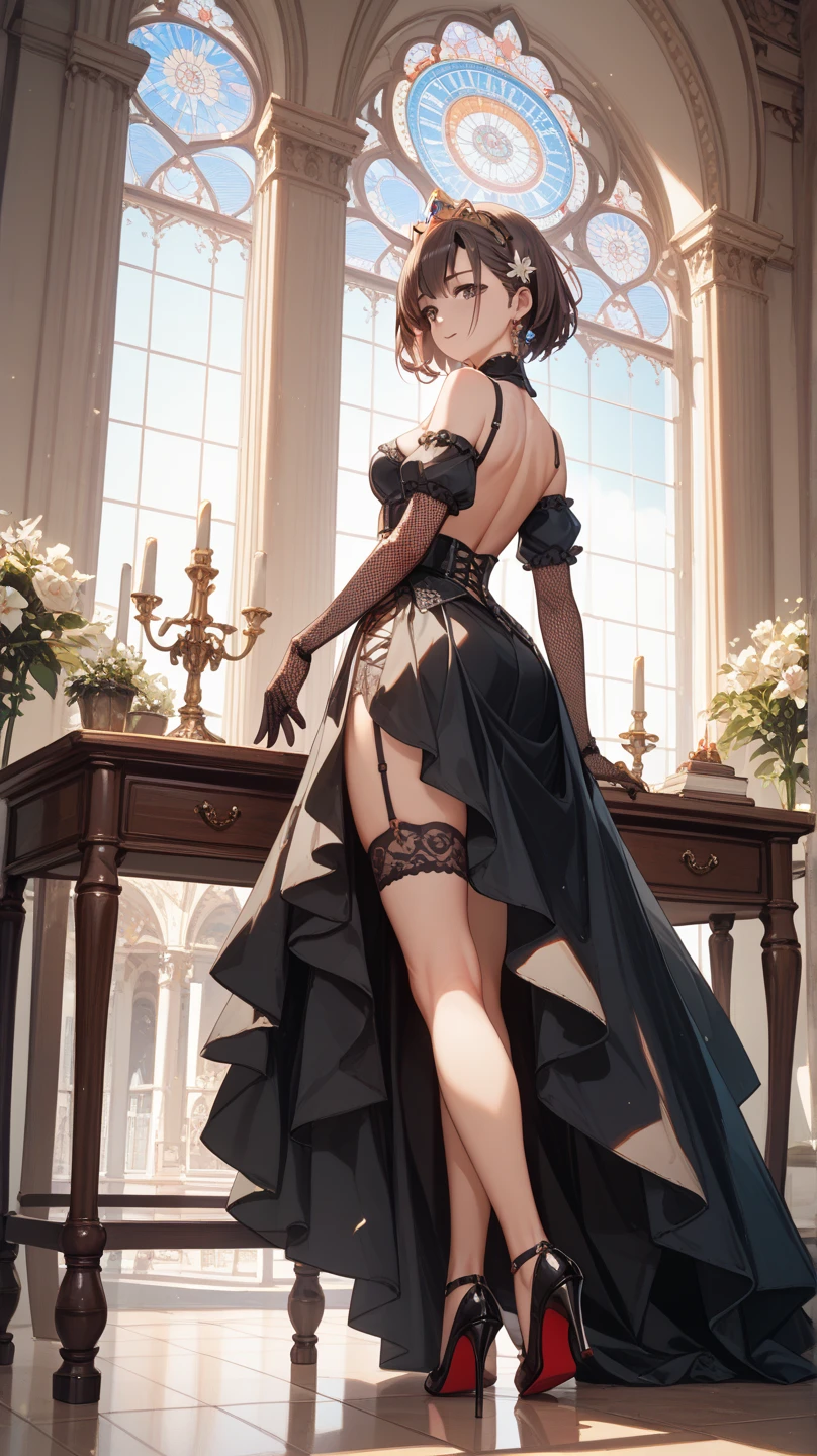 There is a woman in a corset standing in front of a mirror, delicate facial features, beautiful and seductive woman, medium chest, a mirror, exquisite details. Girl Front, Gothic Girl Girl, Thick Paint, 8K High Quality Detail Art, Guvez Style Art
