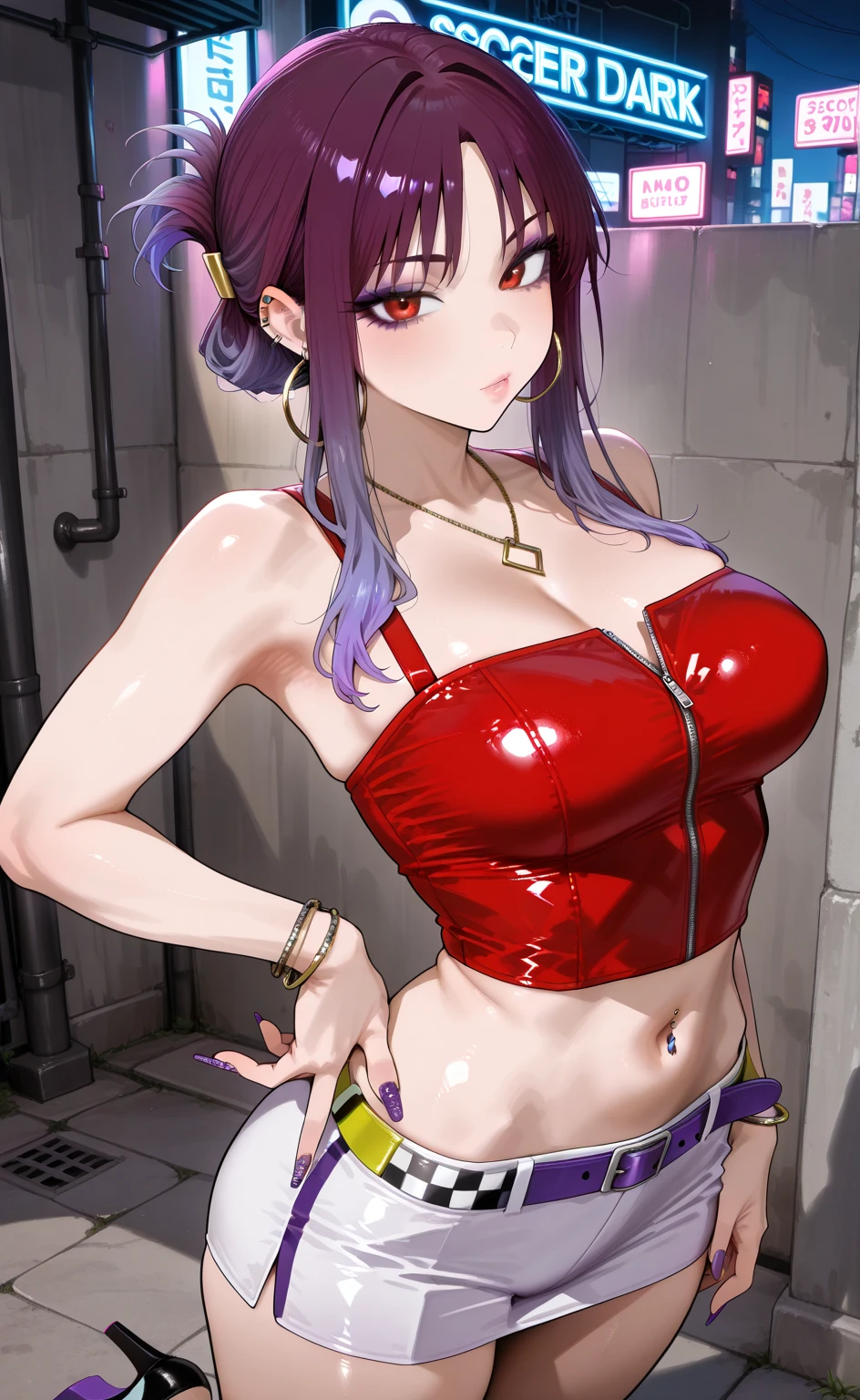 chica deportiva,(((1girl))),((Chica con pecas,extremadamente lindo y hermoso)),

(senos grandes:1.4), fallen hair and :1.35,cabello lacio,Cabello largo:1.4,colored inner hair,ear breathing))),((heterochromia:1.5, (rosado_ojo y aqua_ojo))),(((Pecas en la cara,Pecas,Chica pecosa))),((gordo)),(((Piel lustrosa:1.5,piel brillante: 1.5,piel bronceada,piel brillante,piel muy brillante,cuerpo brillante,plastic glitter skin,piel brillante exagerada,piel iluminada, piernas mojadas))),(spider lower abdomen,cintura estrecha,cadera ancha,atletic body,piernas infladas,Cuerpo detallado,(Cara detallada)),

Lindo,guarra,seductor,erotic,(((NSFW))),

Zettai Ryouiki,((enterizo_Magenta swimsuit,usando una sola pieza_swimming suit:1.3,Swimsuit-type spacesuit,Swimsuit with magenta armor:1.3)),,(Auriculares RGB:1.5),((ropa mojada,Traje intrincado,Ropa intrincada)),

(dynamic  pose:1.0),avergonzado,(centrado,Escala para ajustarse a las dimensiones,Regla de los tercios),

Cyberpunk city by the ocean at night, with bright neon signs and dark storm clouds and puddles, paisaje:1.25,

fine art photography,(Photo taken by SLDR),Altas Resoluciones, foco nítido, (Ultra detallado, extremadamente detallado), (Ilustraciones fotorrealistas:1.37),(fondo de pantalla CG 8k extremadamente detallado),((Tema de fondo synthwave)),(((colores vibranteondo intrincado),(Obra maestra),(La mejor calidad),