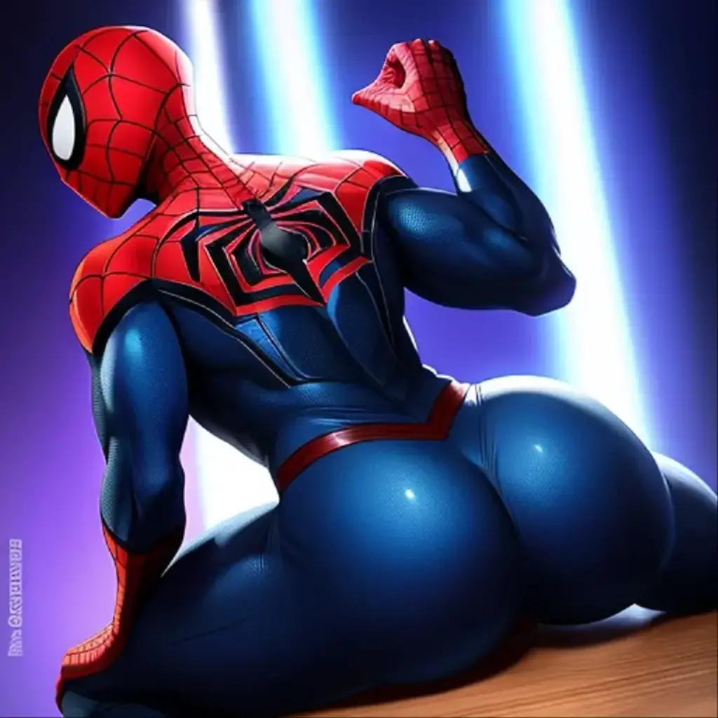 Peter Parker in a Spider-Man costume, showing off his ass, torn fabric on his ass, spreading his buttocks, seducing, playful, in an adult store, around a lot of dildos of different sizes