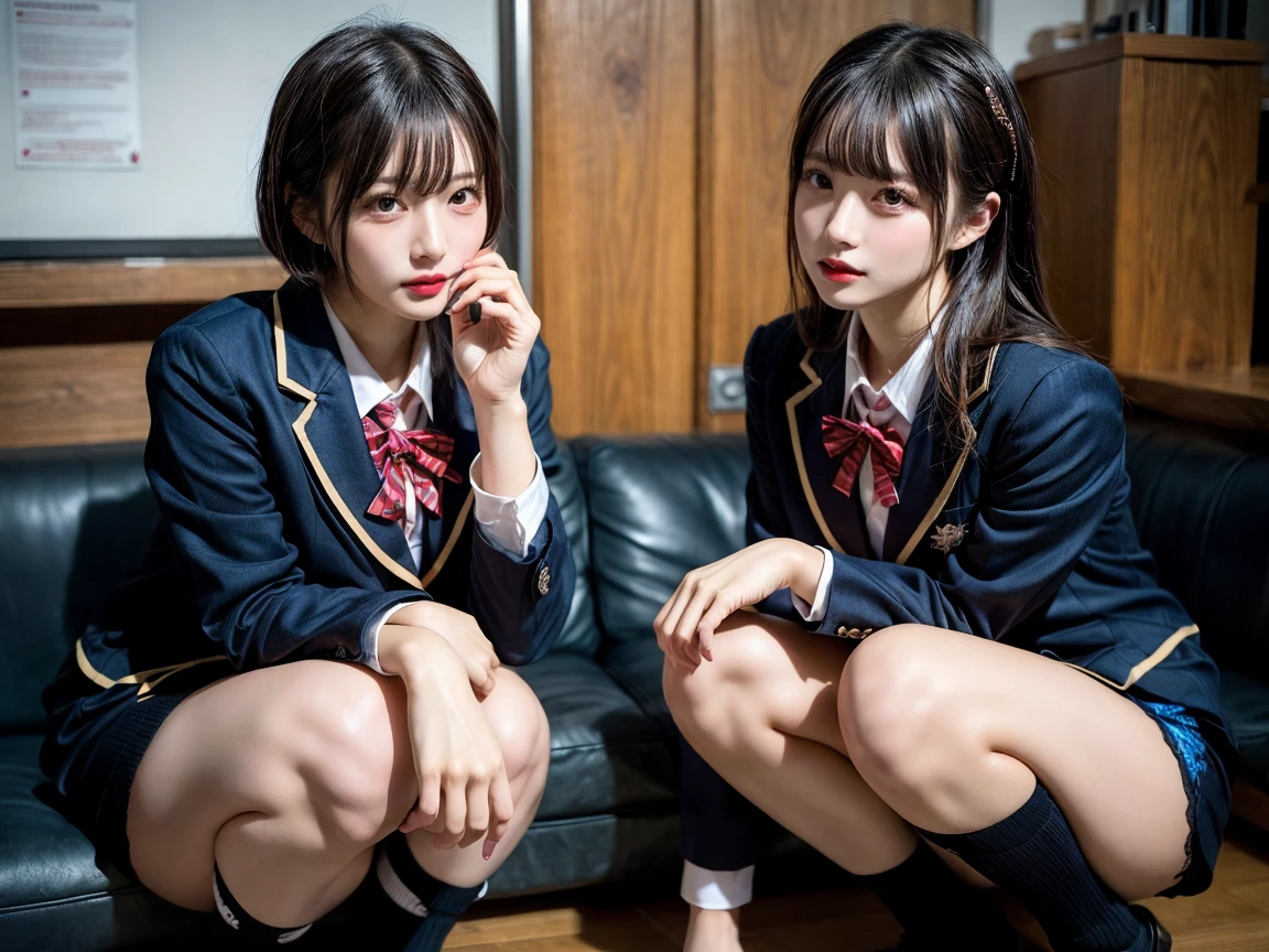 muster piece, best quality, illustration, Super detailed, fine details, High resolution, 8K,wall paper, perfect dynamic composition,(Details High quality, realistic depiction of eyes:1.3), ((2 girls, 2 schoolgirls)), The background is a luxury hotel room、High school girl uniform、blazer 、Super Short Check Uniform Skirt、Navy blue high socks、garterbelts、Colossal tits、Disturbed uniform, Play with each other,Touching each other's bodies,Touching the body of the girl next door, short bob hair, black hair color, huge breasts, Big Natural Color Lip, bold sexy pose, (perfect body shape), crying a little、cold gaze, Beautiful makeup,glitter makeup,Cutest 18 years old, beautiful legs, hposing Gravure Idol, Voluptuous thighs