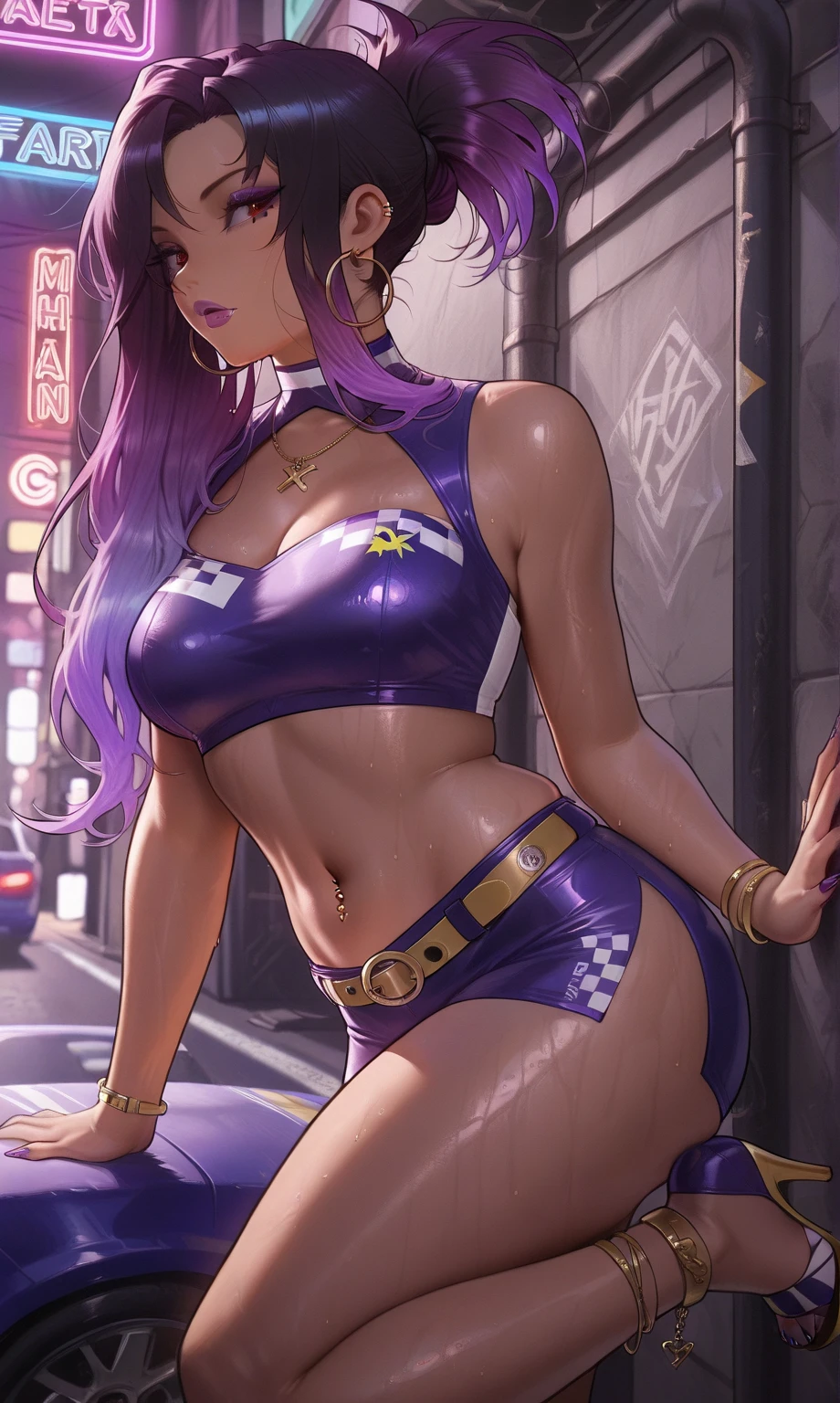 give me a tiger humanoid girl, anime style, she is beautiful, she is wearing a Brazilian bikini, a green and yellow bikini, she's gambling in a casino, she has tattoos, a lot of slot machines on background. Add some purple shadows to it. Make it look like cyberpunk