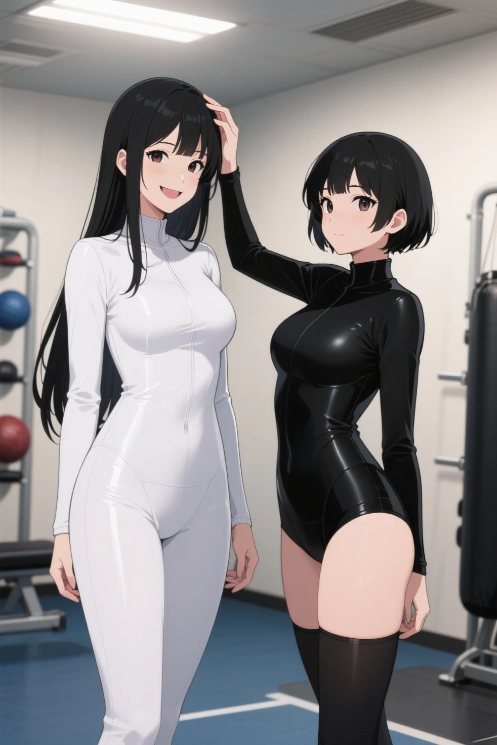(throw),  Maya Kumashiro, (White hair band),  (Beautiful attention to detail), Large Breasts, 
Are standing, Hands on hips, Upper Body, 
Outdoor, Poolside, summer, alone, 
(Shiny:1.2), (collar), (Black latex school swimsuit:1.3), (black latex elbow gloves:1.1), (black latex thigh high boots:1.2), 
anger, smile, Happy, 
(Oily skin:1.3), (Shiny hair:1.3), (Shiny skin:1.3),