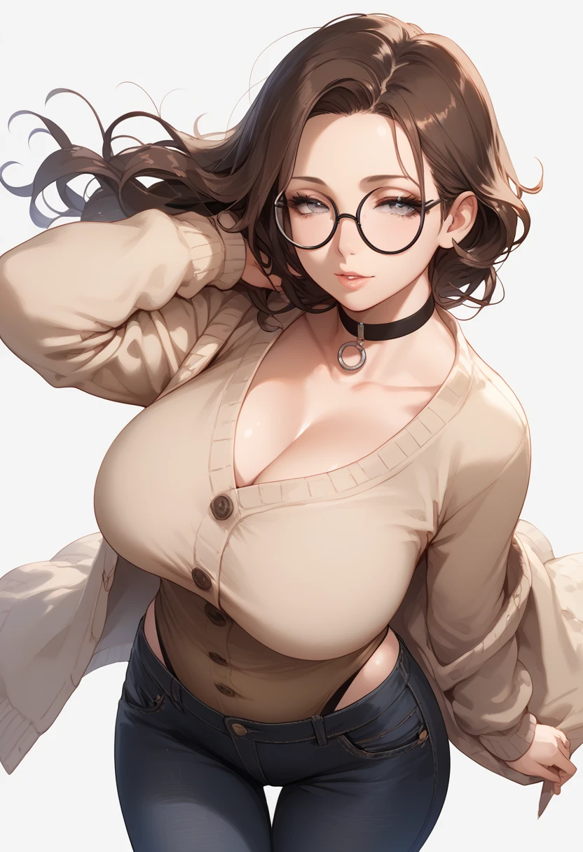 solo, art by Mandy Jurgens and (Alex Grey:1) and (Brandon Woelfel:1) and (Leonid Afremov:1) and Josephine Wall, masterpiece, portrait, stunningly beautiful 1girl, (cute:1.1), beautiful feminine face, medium breasts, cleavage, round glasses, thick sweater, nerdy, wavy brown hair, autumn, (happy:1.1), blushing

 <lora:hinghoiKurohimeStyle_hinghimekurohoiFinal:0.9> Hinghoi