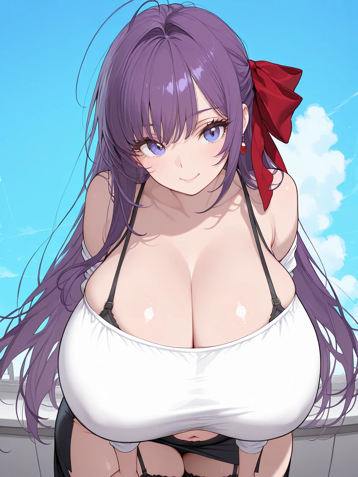 Wolf Woman, Big Breasts, Voluminous light purple hair, One girl, masterpiece , Red eyes、Double teeth、tooth、Blushed cheeks、 hd, Head to Chest, buried in my chest、Underbust、Cleavage、Frilled bikini、Big Tits、Open your mouth wide、Grin、White Iris、