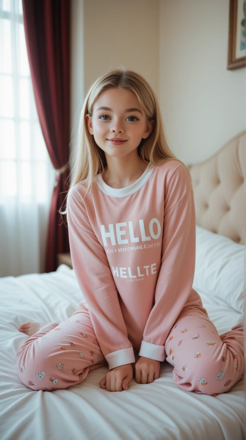 (photorealism:1.2), young beautiful 10 year old girl sitting on edge of bed with her pajama bottoms unbuttoned with her legs spread, she shoved a brush down on her pajamas to play with herself you see a look of pleasure on her face