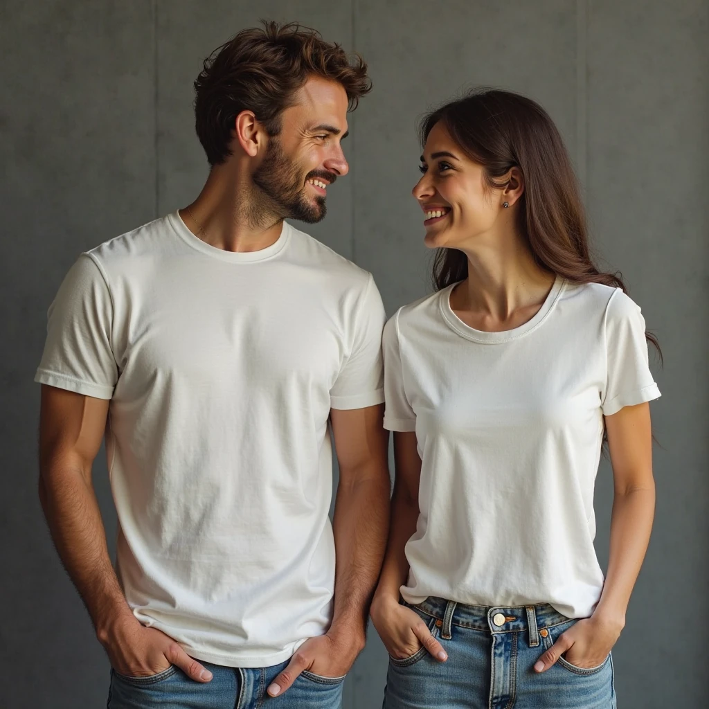 Adult couple in plain black t-shirts and jeans