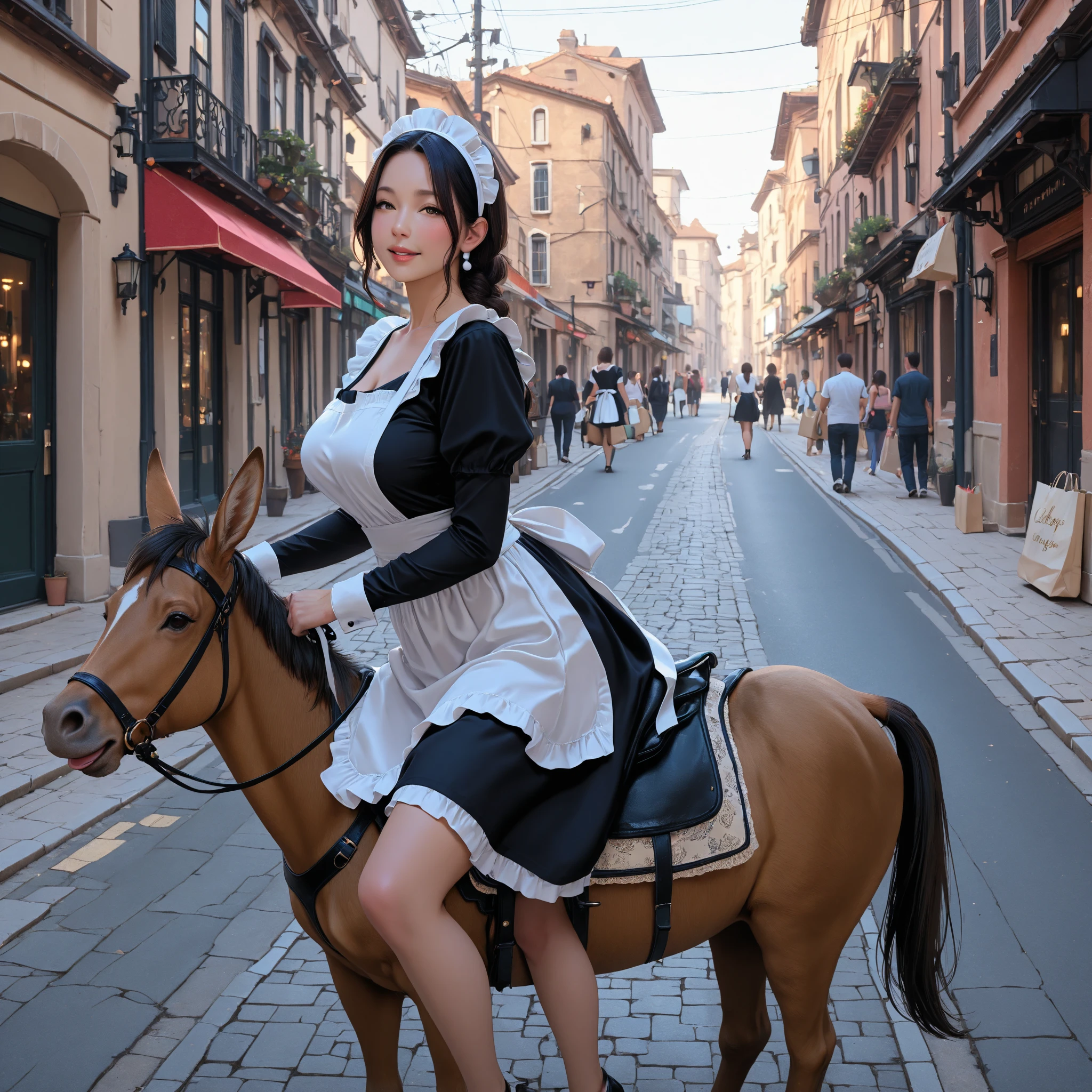 A girl with blue angel wings, riding a horse on the steppe, mouth open, sunlight shining on her face, eyes looking at the boy in front, her hair studded with tulips, her skin as white as peeled eggs, her hair long black braids, with large, seductive breasts. wearing a black bra, wearing a black maid outfit, posing, surrounded by a vast prairie and grazing horses