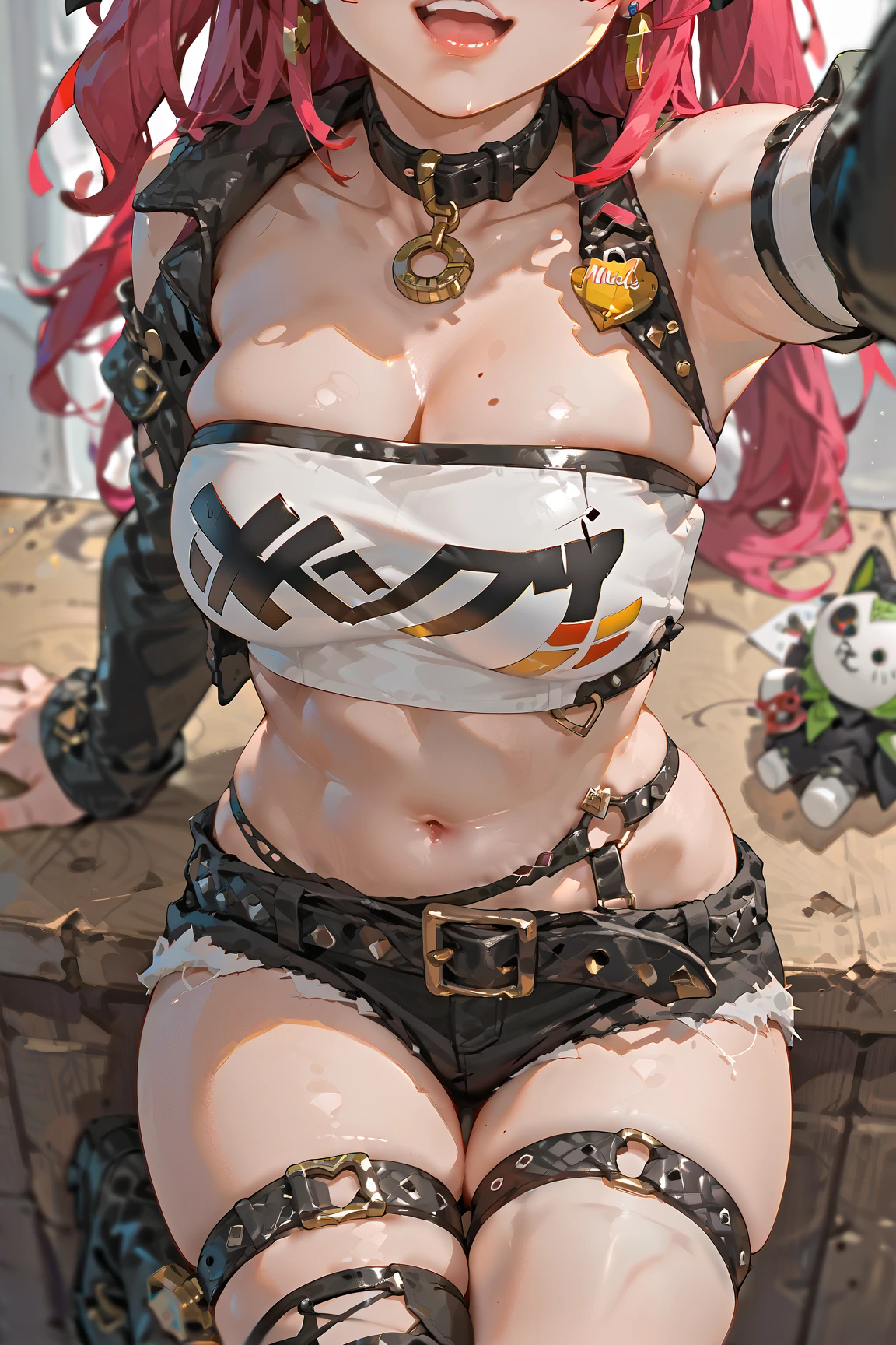 8k, masterpiece, highest quality, best quality, official art, beautiful and aesthetic, extremely detailed, (fractal art: 1.3), colorful, highest detailed, perfect face, upper body, HDR, sexy, wide hips, thicc figure, Detailed face, Detailed eyes, red eyes, perfect face, perfect eyes, ( 1elf, 1 female elf, 1girl, trans, futa, futanari, big ass, slim waist, pretty face, long white hair, sharp jawline, he is sexy, she is beautiful, she has black eyeliner, he has makeup, she has a girly face, she is tanned, she has big , she is blushing, she wears blush, hips wider than shoulders, slim torso, black lipstic, e-girl makeup, blushing, pretty, sharp jawline, red eyes, cute, thigh high socks, goth clothes, black skirt, black crop top, black lipstick, black eyeliner, cute smile, Goth, goth priestess, RAVEN, goth makeup, goth clothes, white hair, wolf cut, bulge, bulge in underwear, genitalia outline, 3d art, 3d style