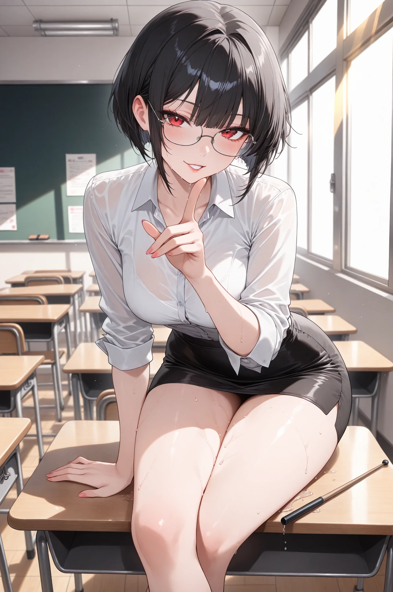 Browsing Caution, (Anime Art、Highest quality、Unity 8k wallpaper、32k、masterpiece、Ultra-detailed、Ultra-high resolution、Realistic、Photorealistic)、(Natural soft light:1.2)、Fire Glow Effect、Film Grain、Best Shadow、Side light、Side Shot、(Highly detailed and intricate 3D rendering)、Beautiful face and eyes in every detail、Sharp pupils、Realistic pupils, nipples and breasts、smile、High heels、Woman in skirt and shirt sitting on the desk, Office Clothes, on the desk, Sit at a desk, Sitting at a desk,Bent knees、Spread your legs、Spread your legs、Panty shot、 Business casual attire, Sexy、Business Attire, At work, Wearing a suit and glasses, Fully clothed, business attire, Embarrassing, smile、business suit、Cleavage、Sexy、