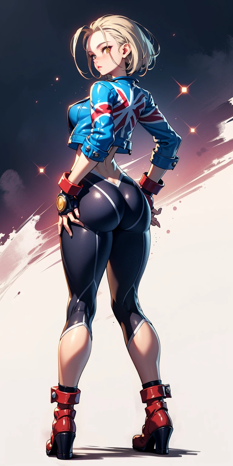 Drawing of cammy_white, cammy sf6, bang, scar on cheek (((Plain background:1.2))) (masterpiece, high quality:1.1) 1girl solo full body squatting looking to the viewer, view from below, hairstyle short bob hair with 2 longs braids, extra long hair, white silver hair, red eyes, HANDS ON HIPS (yellow tiger bikini print long sleeves and long stockings) (dark elf dark skin) (incredibly beautiful full body photo standing, (((bright eyes))) good anatomy, perfect hand muscular legs))) thin waist, muscular abdomen, wearing black high heel shoes (((with her back to me showing her big shapely ass to me)))