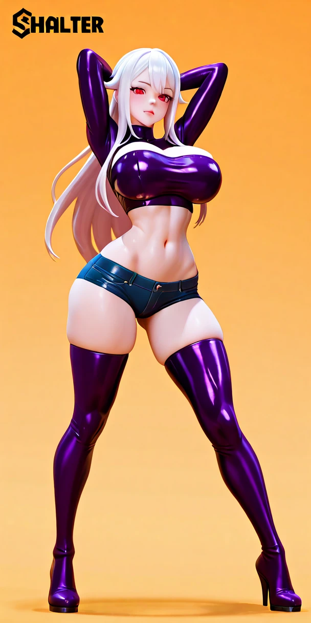 ((Masterpiece, plain background:1,2, masterpiece)) full body standing yellow tiger print stockings, hands on waist, navel (Miyuki Takara) (purple eyes:1.5) pink hair, hair between eyes, long messy hair, glasses