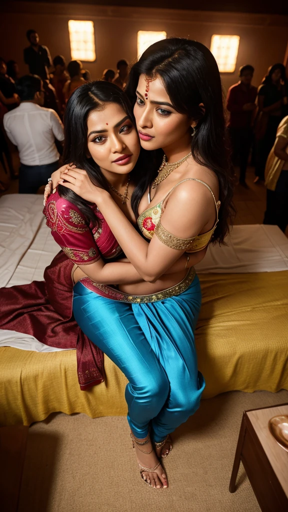 Realistic image, muslim man kissing 23 years old hindu kerala girl neck. Hindu girl looking fair and half naked and wearing sexy skirt and cleavage showing blouse