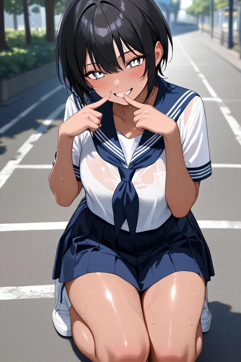 (masterpiece, highest quality:1.2),1 cowboy shot,girl,18 year old beauty、solo,ponytail hair,dark purple hair,slender body,skinny,medium breasts,oily skin,shiny skin,Police uniform、light blue shirt,Collared shirt、Short sleeve、Black mini skirt、Black panties、squatting,on street,Shibuya、Tokyo、