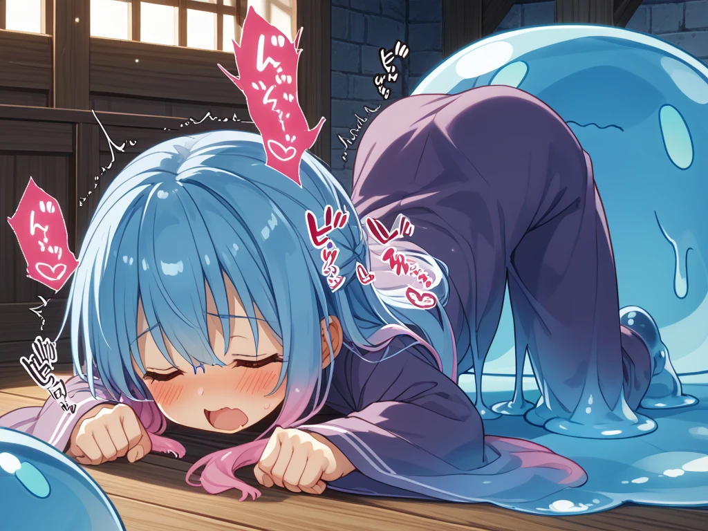 score_9, score_8_up, score_7_up, source_アニメ, masterpiece, rating_safe, 1girl, 独奏, (hinata), one side up, blue dress, white sailor collar, white long sleeves, red bow, blush, indoors, looking at viewer, full body leaning forward, skirt open、cute、blush、Watery eye、tentacle sex, Creampie、vaginal penis, missionary, saliva trail, (orgasm), Drooling pulls a thread、Semen overflowing、A lot of semen、Tentacle Rape、(Trembling)、Anime H、Anime Images、Tentacles inserted from the front、constrained、大量触手constrained、Tentacle insertion、Overflowing semen、Tentacle insertion中陰茎, (uterus at viewer penis inserted into pussy from cross section looking through)