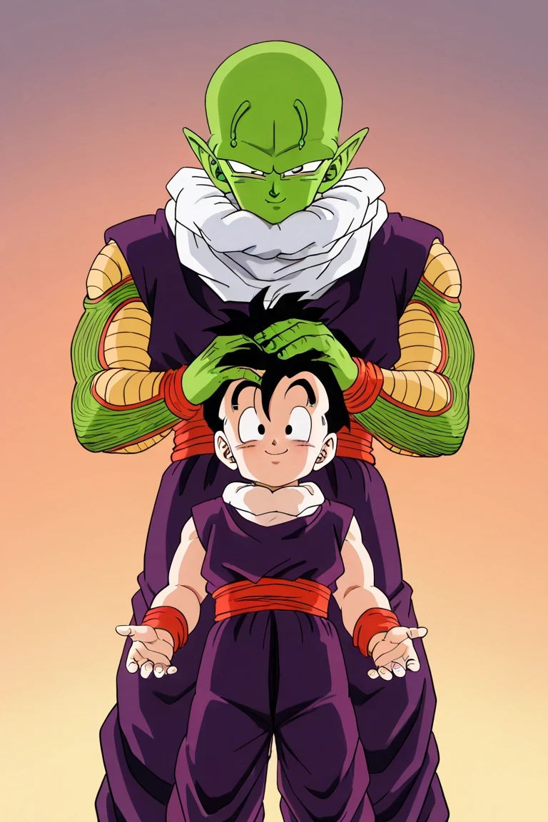 height difference, piccolo's full head visible, from thighs up view of piccolo, piccolo placing a hand on a child Gohan's head with shy smile, warm atmosphere, soft white gradient background with subtle glow around characters, masterpiece, high detailed, best quality, smiling child gohan g0h4n in purple dougi, white collar, red sash, red wristbands, soft rim light around piccolo and gohan, warm lighting