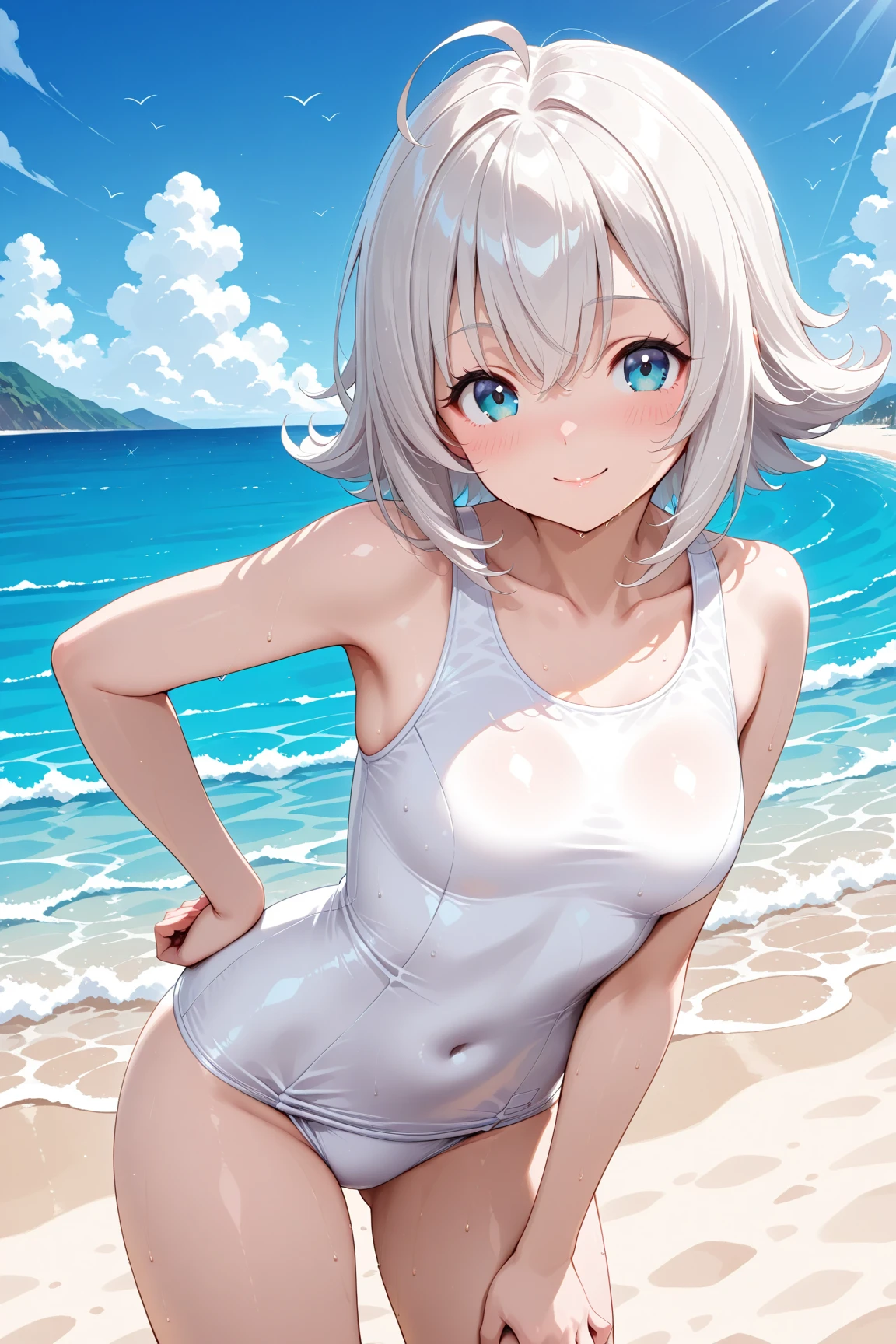 1 girl, beautiful girl, cute girl and idol face, smile, white skin, ((white swimsuit)), short and bob cut hair, shiny silver hair, Only one strand of hair that flips out, beautiful green, eyes, beautiful body, Summer Sea, Seaside, bathing beach, Girl playing with waves on the beach, Dynamic girl