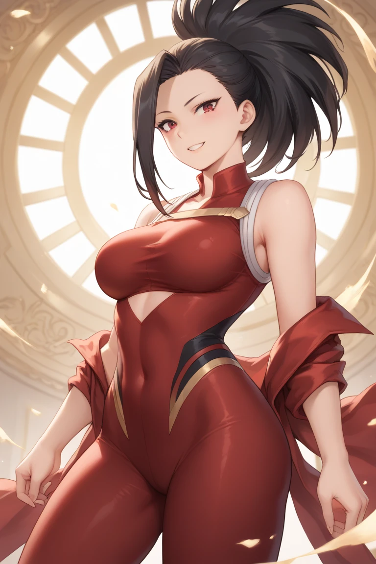 1 female, ONE PIECE STYLE, short girl, realistic lips, hourglass figure, leggings, bowl cut, black hair arms, hourglass figure, white eyes, red glass, in an apartment, sigh, best quality.
