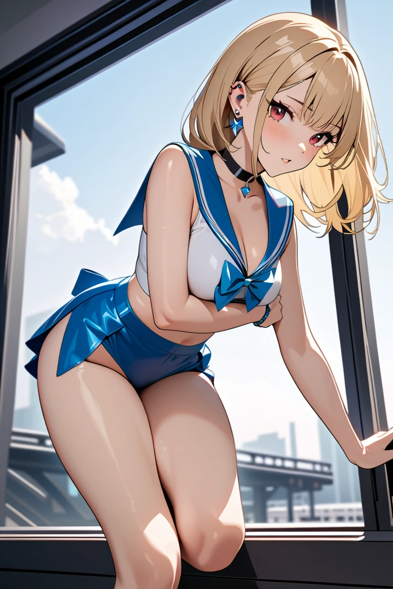 top-quality、realistic touch,high-detail、 Erotic sailor suit、High school students、Long body、Sheer costumes、skirts that are too short、Not wearing underwear、big eye、long lashes、Long upper eyelashes、platinum-blonde、cute little、Beautie、A sexy、Commuting to school、full body Esbian、Sparkling eyes、Submissive smile、Flushed cheeks、Kamimei、Big buttocks、thin-waist、Sleeveless、visible from the side、Sexy armpits、Voluptuous thighs、Enraptured look、high-heels
