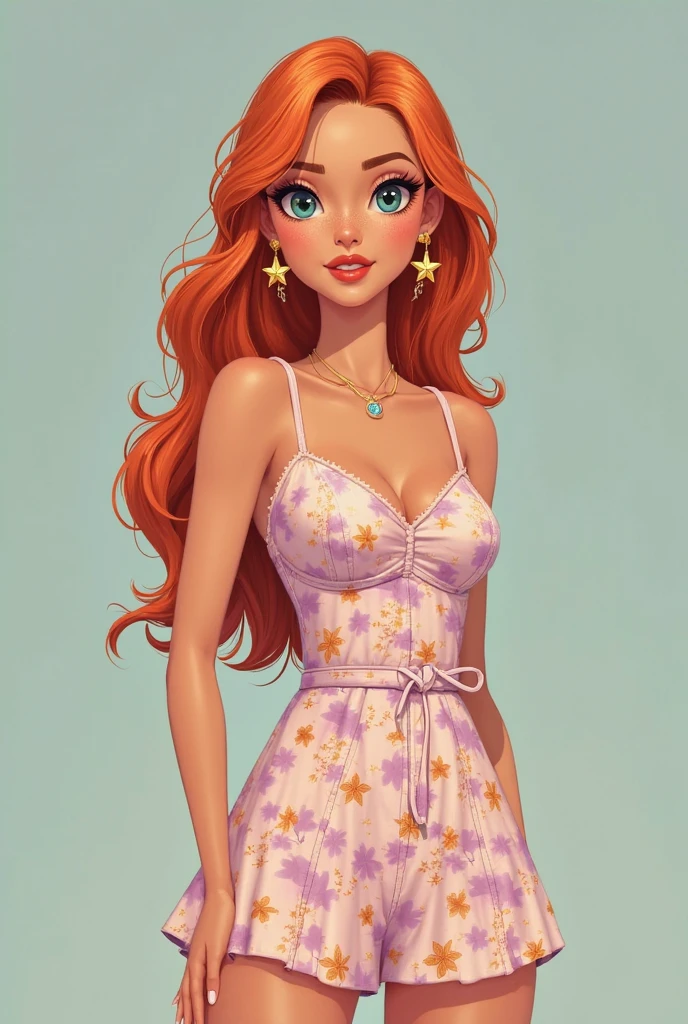 Strawberry blonde curly hair woman with big breasts and a pink dress. Total drama style.