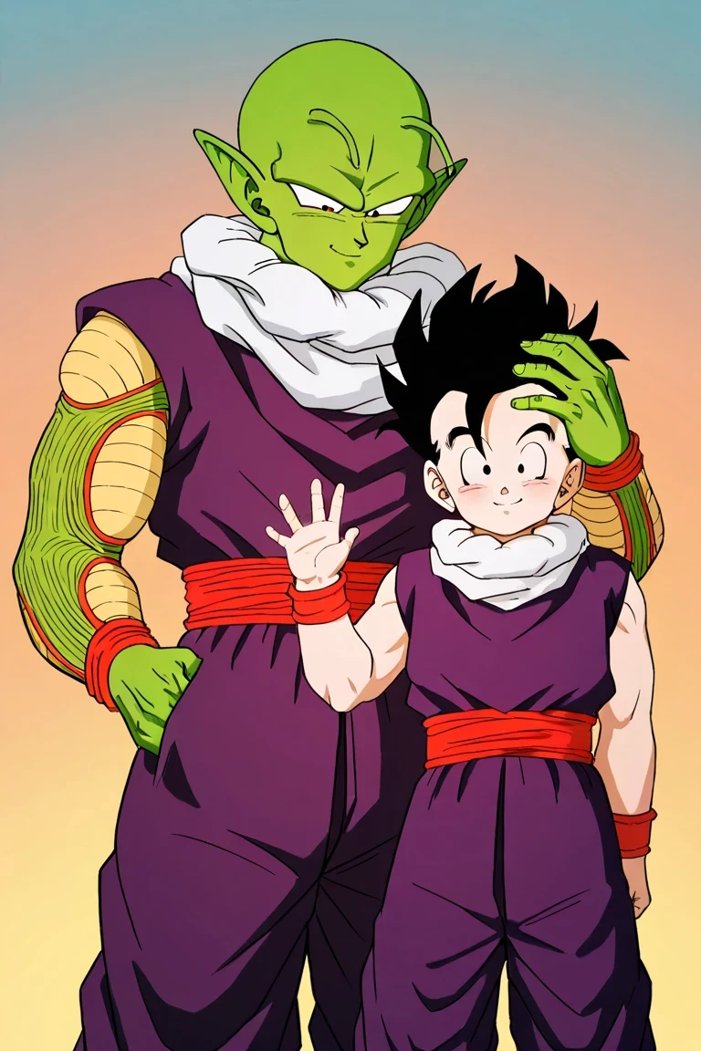 piccolo's face with confident smile, piccolo placing one hand on a child Gohan's head, warm atmosphere, soft white gradient background with subtle glow around characters, masterpiece, high detailed, best quality, child gohan g0h4n with joyful smile in purple dougi, white collar, red sash, red wristbands, soft rim light around piccolo and gohan, gentle shadows to separate characters, warm lighting, height difference,