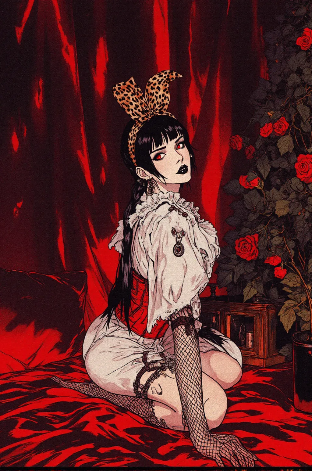retro Japanese movie poster. background is rococo pattern style. full body portrait, wide angle shot, the creepy Queen Catwoman wearing black gothic dress, spikey kinky high heels, sitting on a plush ornate evil royal throne with twisting gothic style, pink and black color pallet