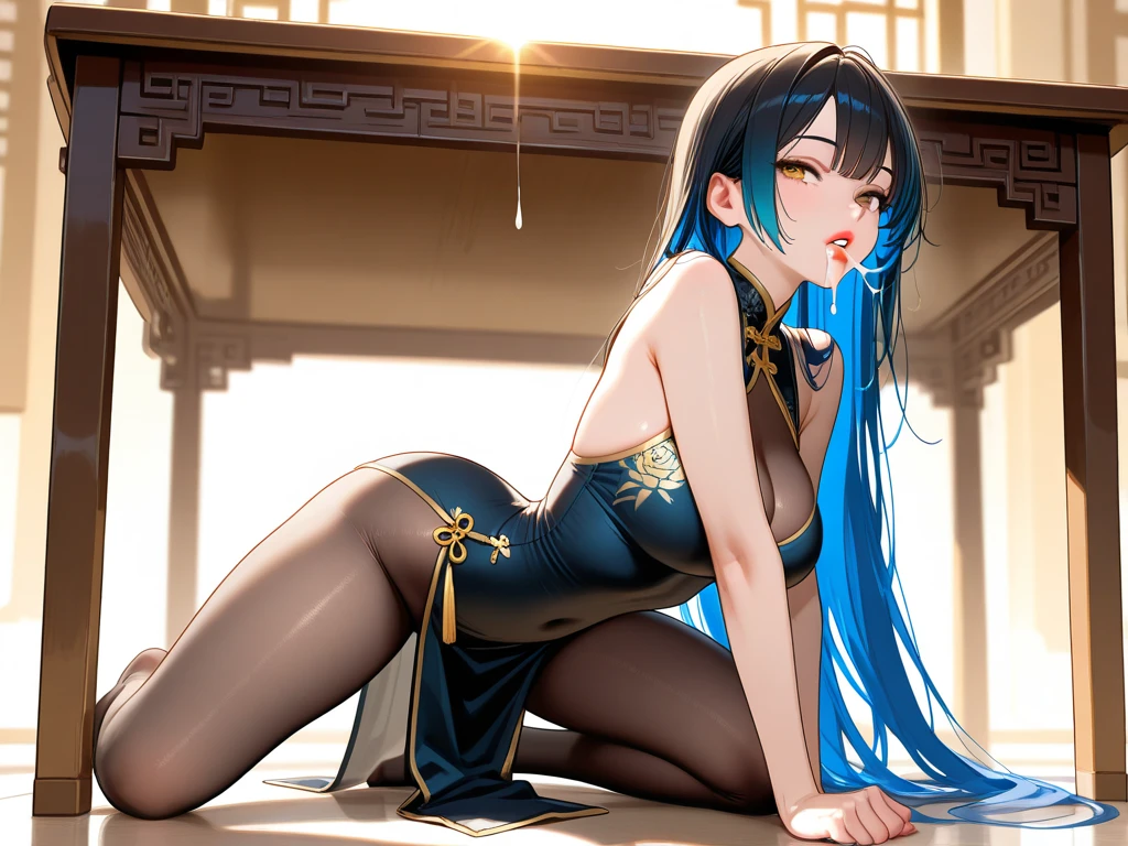 Breaking the Sky Comics Xiao Xuner，Lace hollow transparent sling pure black evening dress high heels，Sit on the ground with your legs split to the left and right，Chinese style，Facial Desire