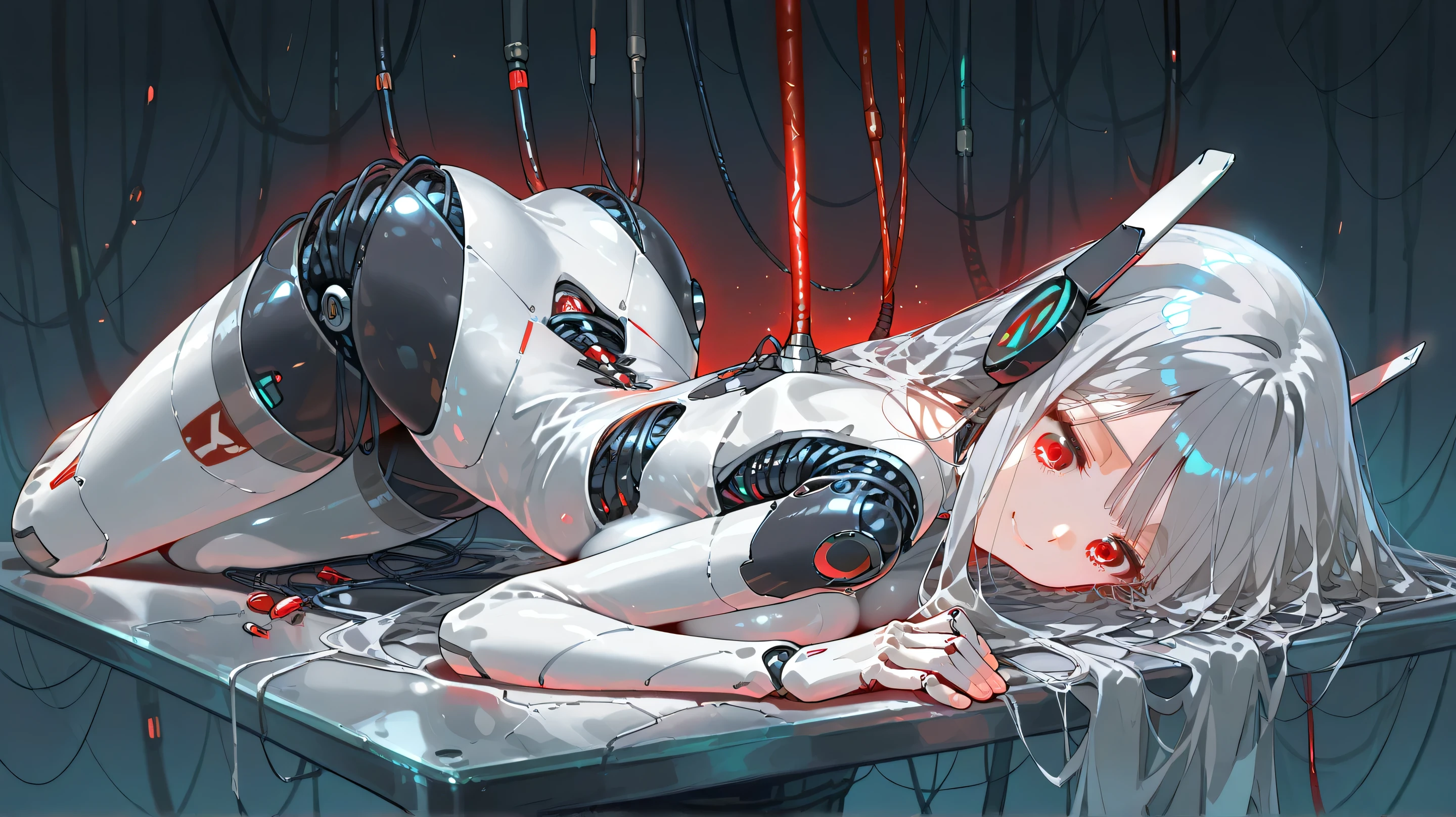 (masterpiece, top quality, best quality, official art, beautiful and aesthetic:1.2), extreme detailed,colorful,highest detailed ((ultra-detailed)), (highly detailed CG illustration), ((an extremely delicate and beautiful)),cinematic light,
cultivation tank,1girl, solo, restrained, long hair, stationary restraints, sex machine, open mouth, blindfold, nude, navel, small breasts, breasts, bubble, head-mounted display, nipples, underwater, bdsm, air bubble, bound, vaginal, vaginal object insertion, arms up,
machine made joints,blood vessels connected to tubes,mechanical vertebra attaching to belly,mechanical cervial attaching to neck,expressionless,wires and cables attaching to neck,wires and cables on head,character focus,science fiction,blood,